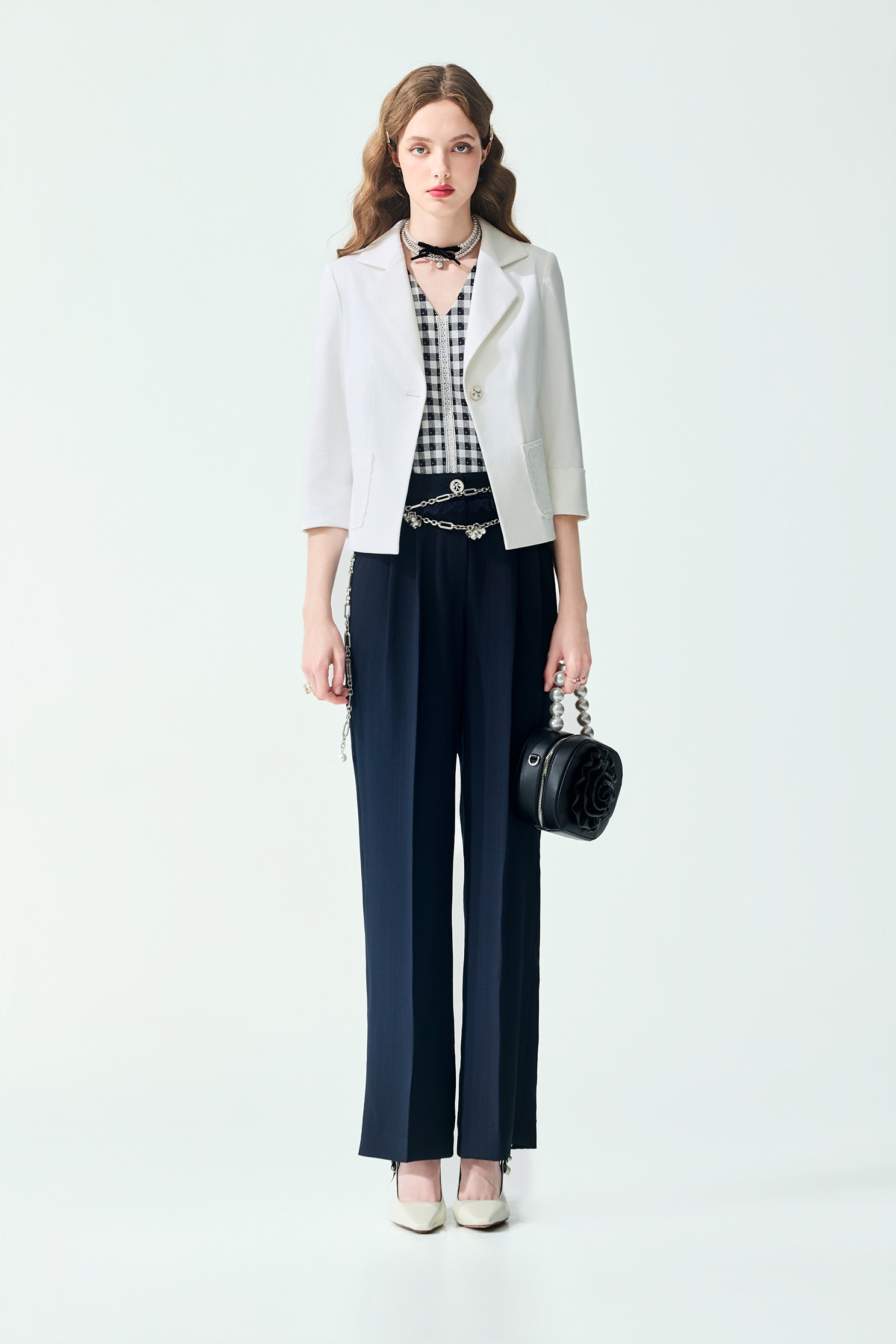 Lace Trim Detail Navy PantsLace Trim Detail Navy Pants,Bell-bottoms,Season (SS) Look,Lace,bows,pants