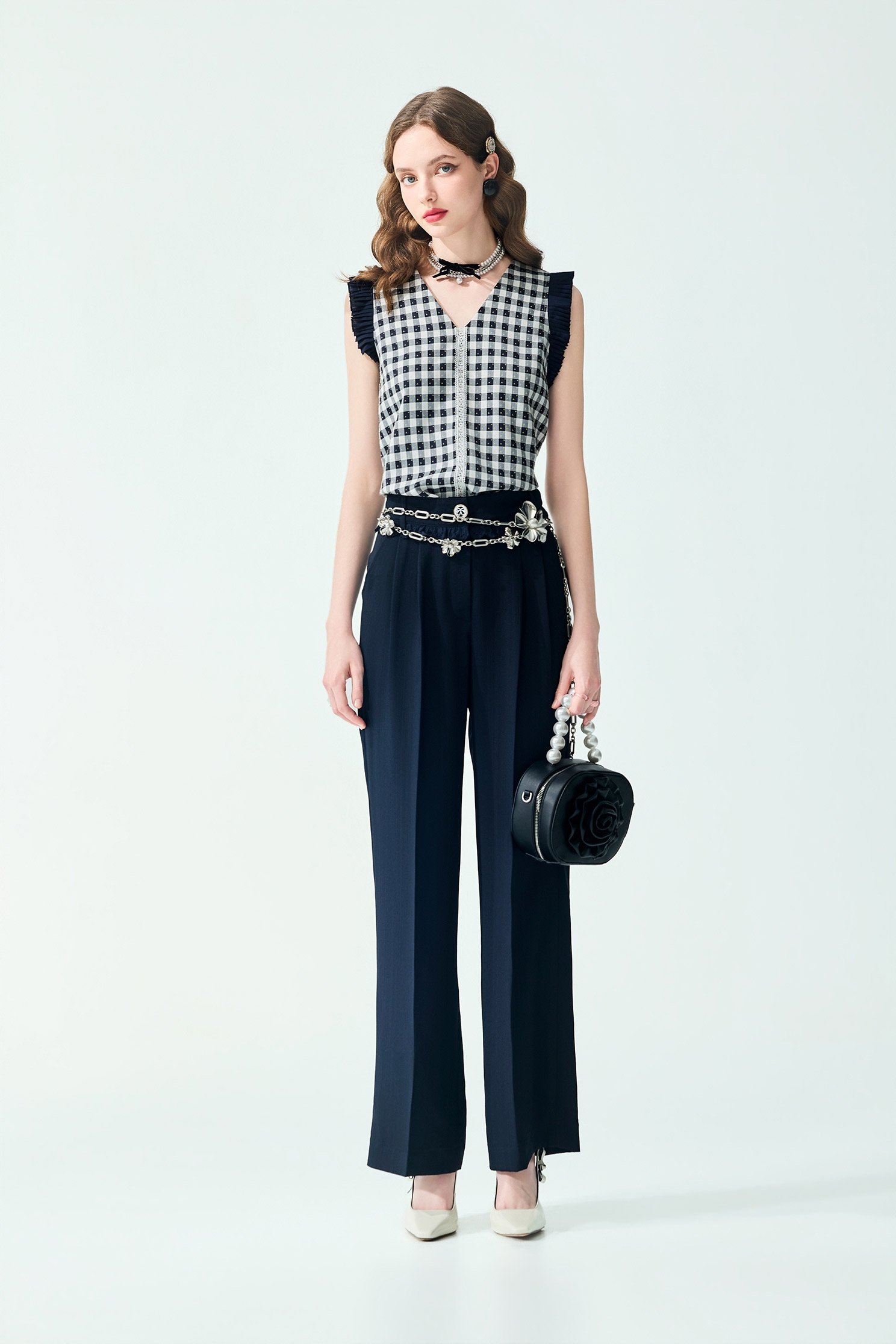 Lace Trim Detail Navy PantsLace Trim Detail Navy Pants,Bell-bottoms,Season (SS) Look,Lace,bows,pants