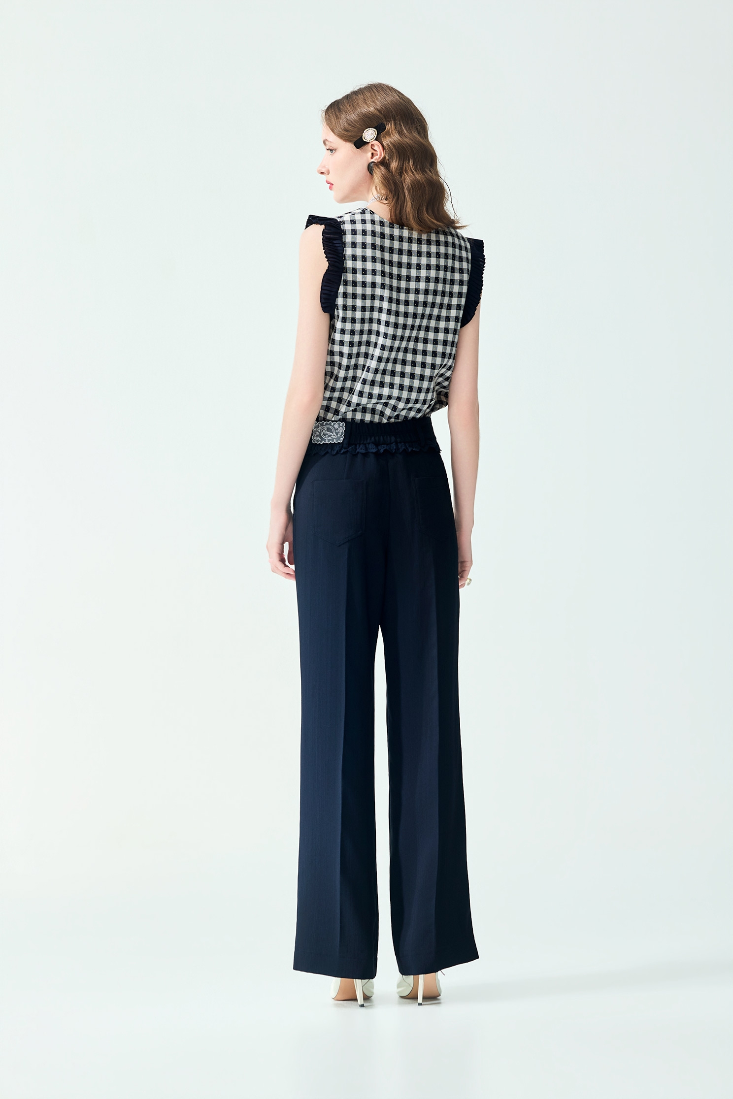 Lace Trim Detail Navy PantsLace Trim Detail Navy Pants,Bell-bottoms,Season (SS) Look,Lace,bows,pants