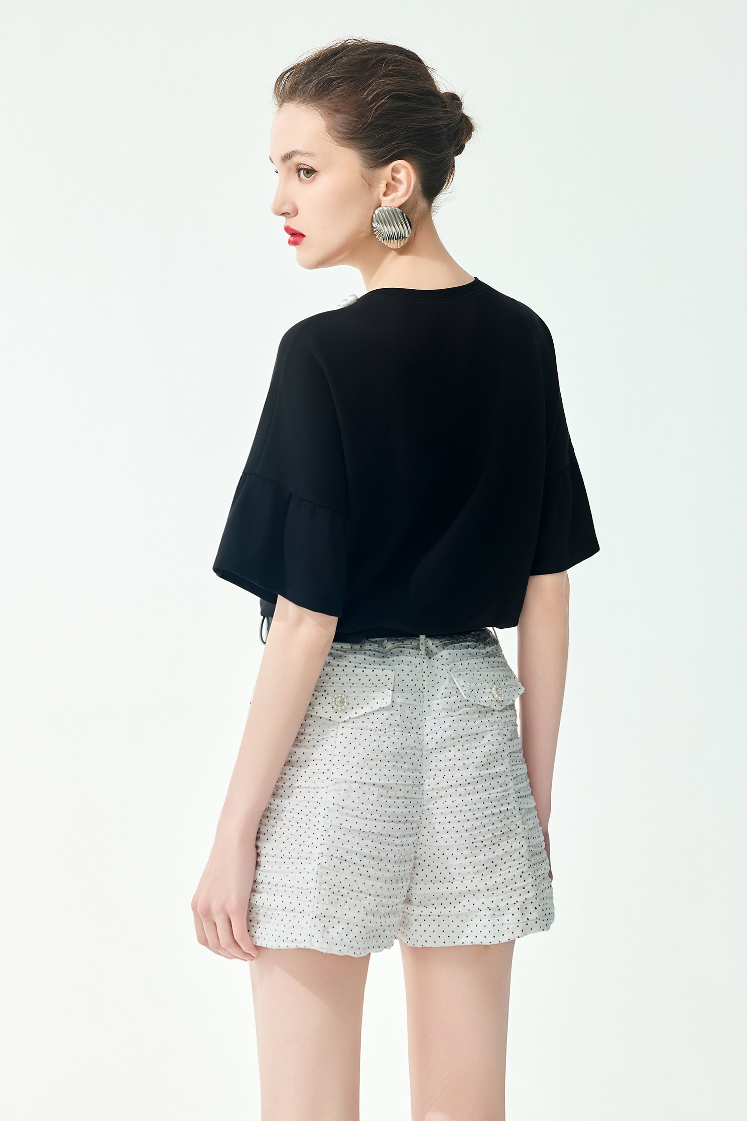 Black Dotted Pleated ShortsBlack Dotted Pleated Shorts,Season (SS) Look,pearl,Shorts,pants