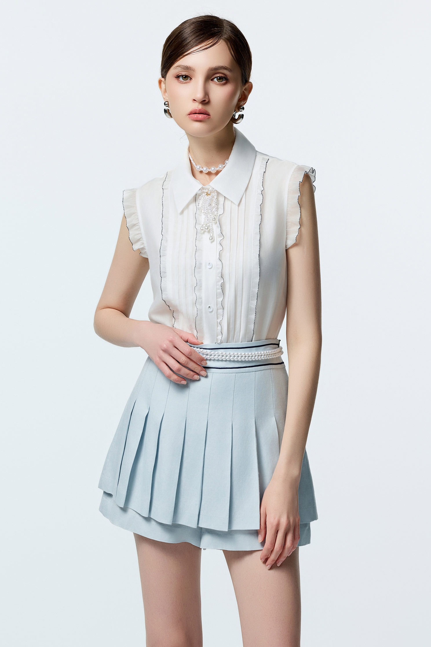 Light Blue Pleated Detail SkortsLight Blue Pleated Detail Skorts,Office Looks,Shorts,Season (AW) Look,Valentine,Skorts,upperclass
