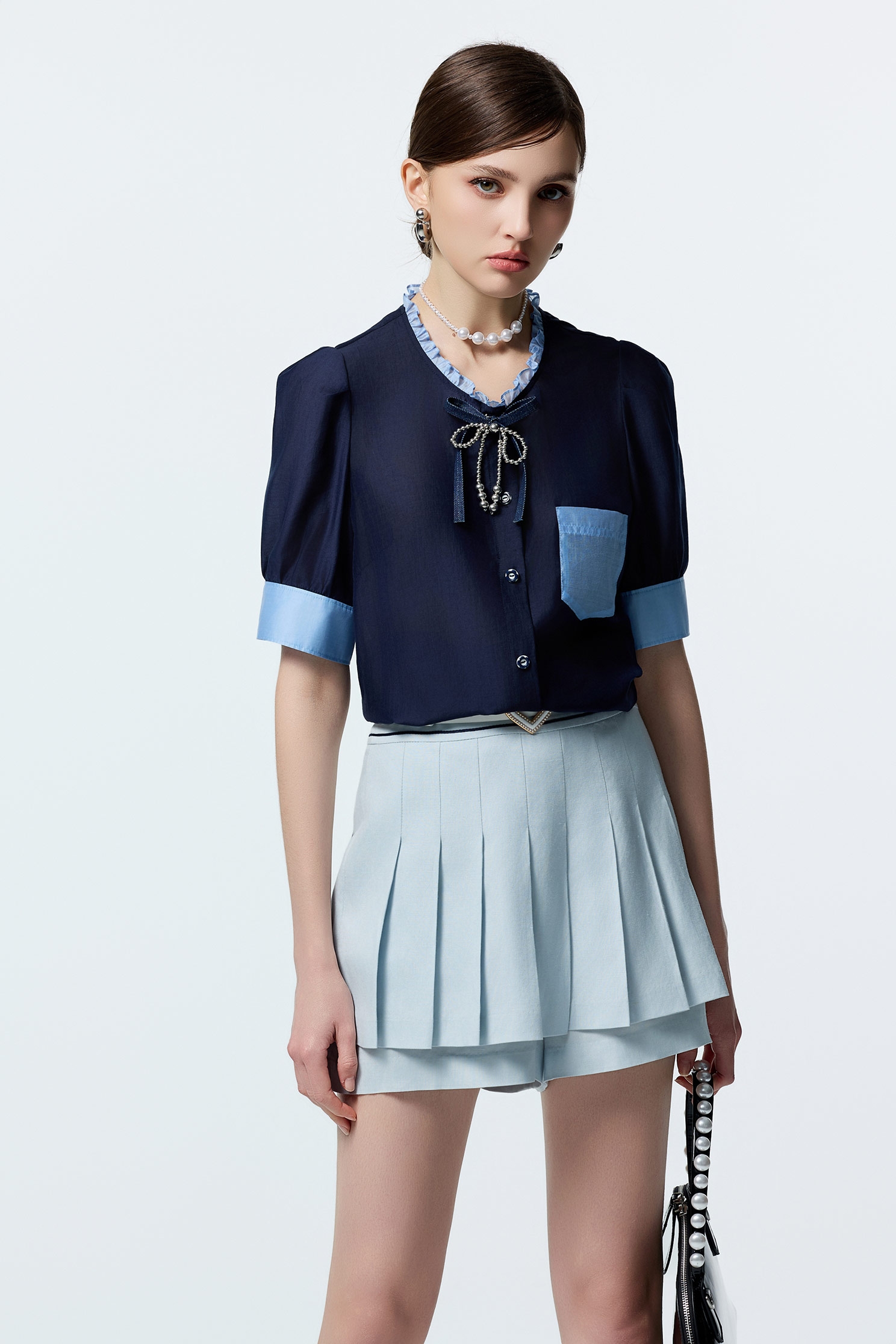 Light Blue Pleated Detail SkortsLight Blue Pleated Detail Skorts,Office Looks,Shorts,Season (AW) Look,Valentine,Skorts,upperclass