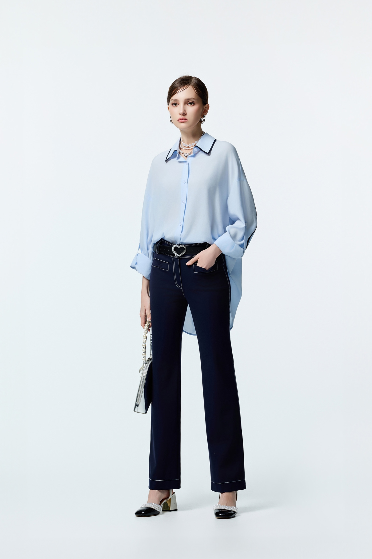 Contrast Stitch Detail Navy PantsContrast Stitch Detail Navy Pants,Office Looks,Bell-bottoms,Season (AW) Look,Valentine,Bell-bottoms,Pants