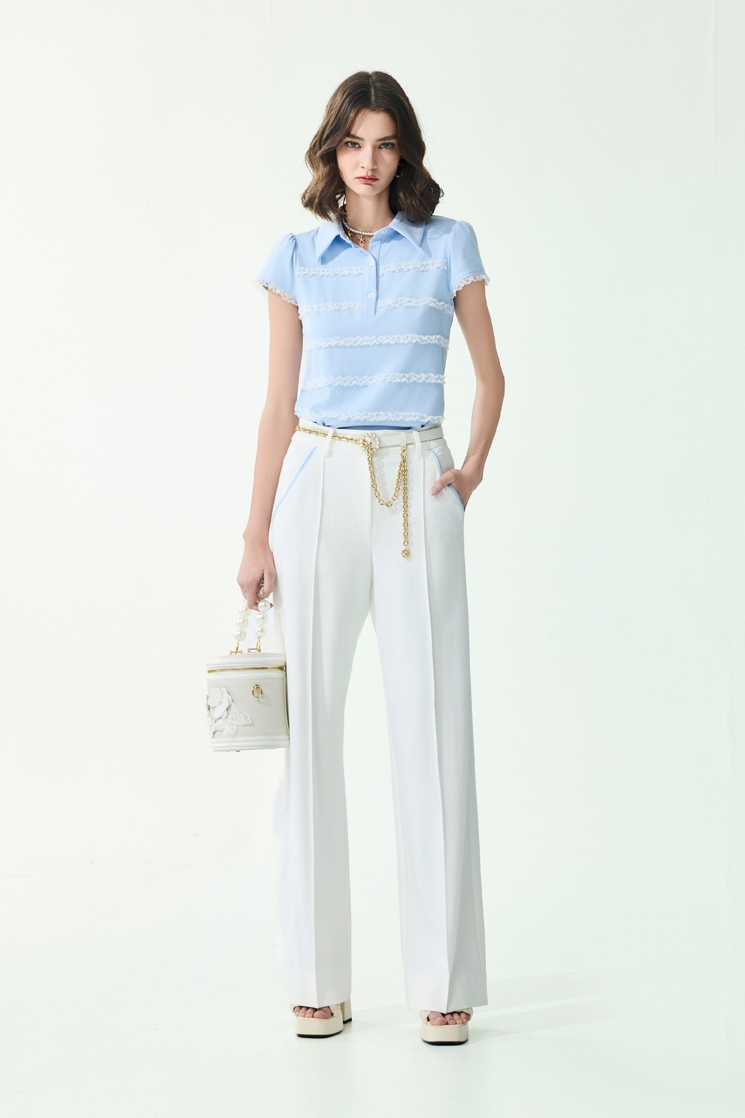 Blue Pocket Trim Detail White Pants,Culottes,Season (SS) Look,White pants,bows,pants