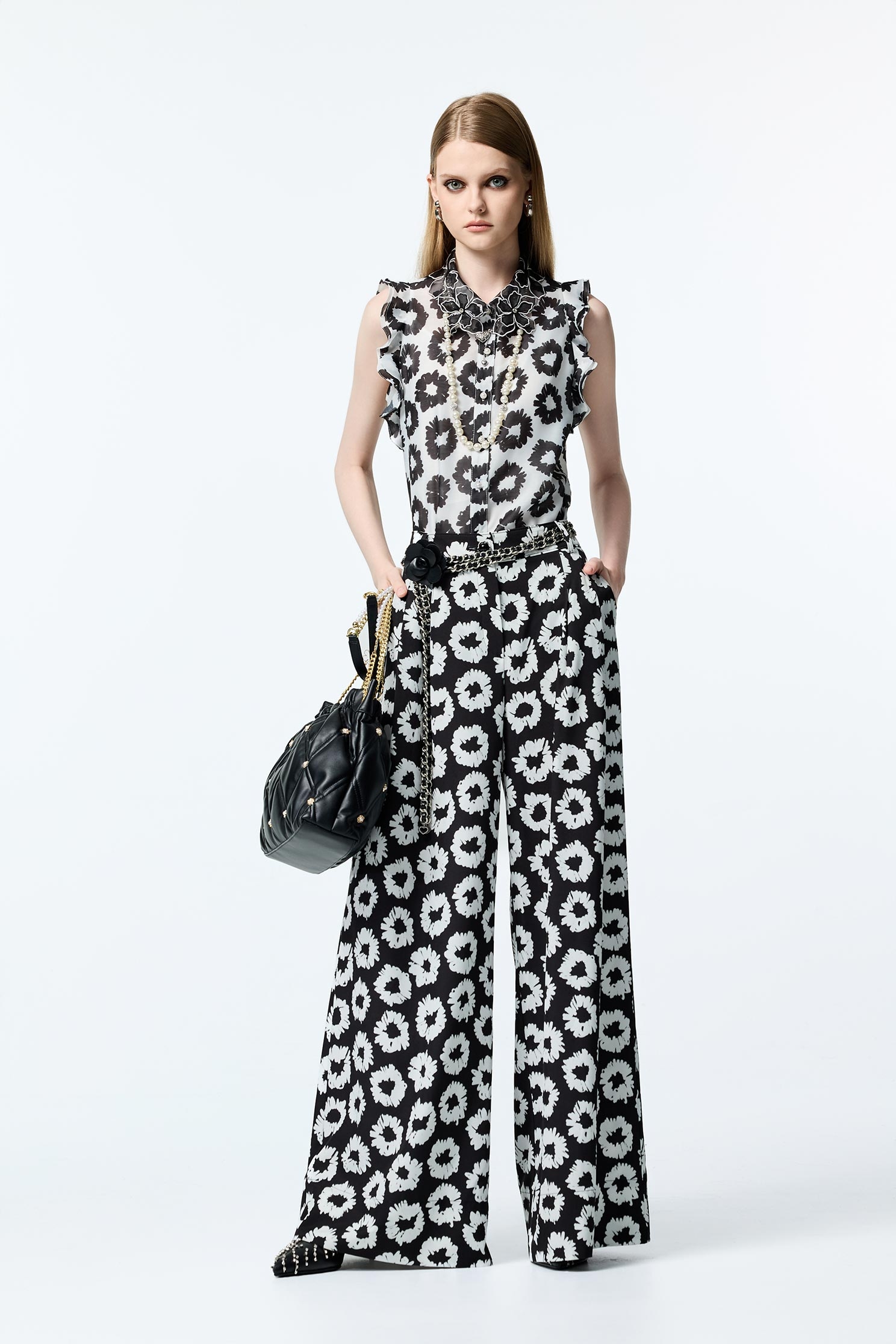 Hand Sketched Floral Print Wide Leg PantsHand Sketched Floral Print Wide Leg Pants,Culottes,Season (AW) Look,pants
