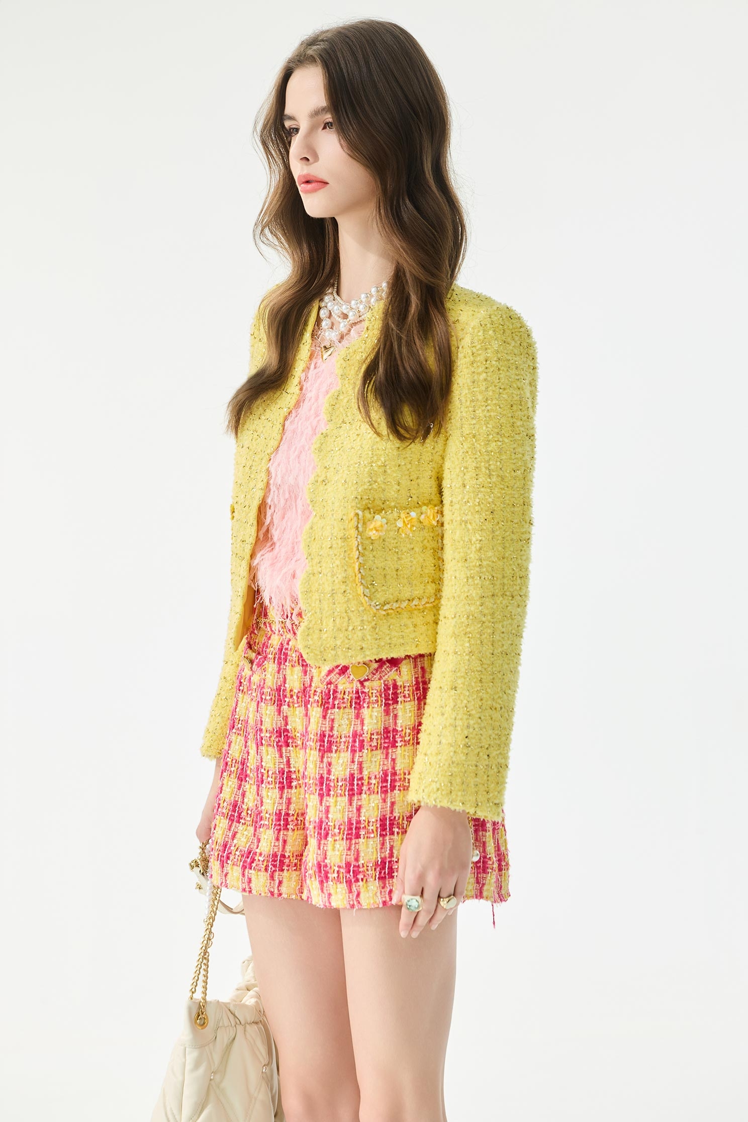 Yellow Red Checkered Tweed ShortsYellow Red Checkered Tweed Shorts,Season (SS) Look,Shorts