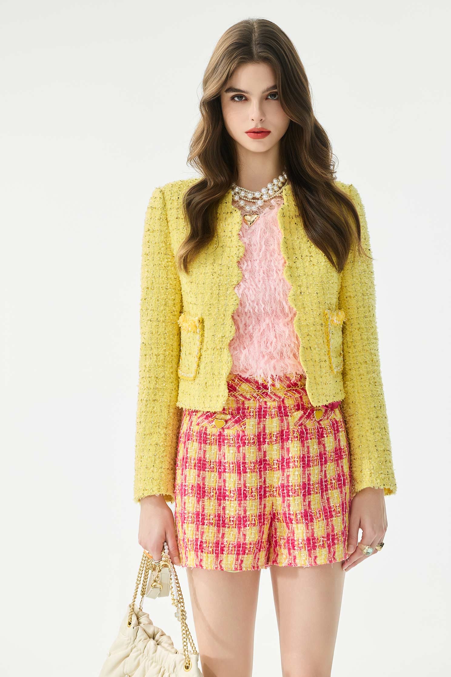 Yellow Red Checkered Tweed ShortsYellow Red Checkered Tweed Shorts,Season (SS) Look,Shorts