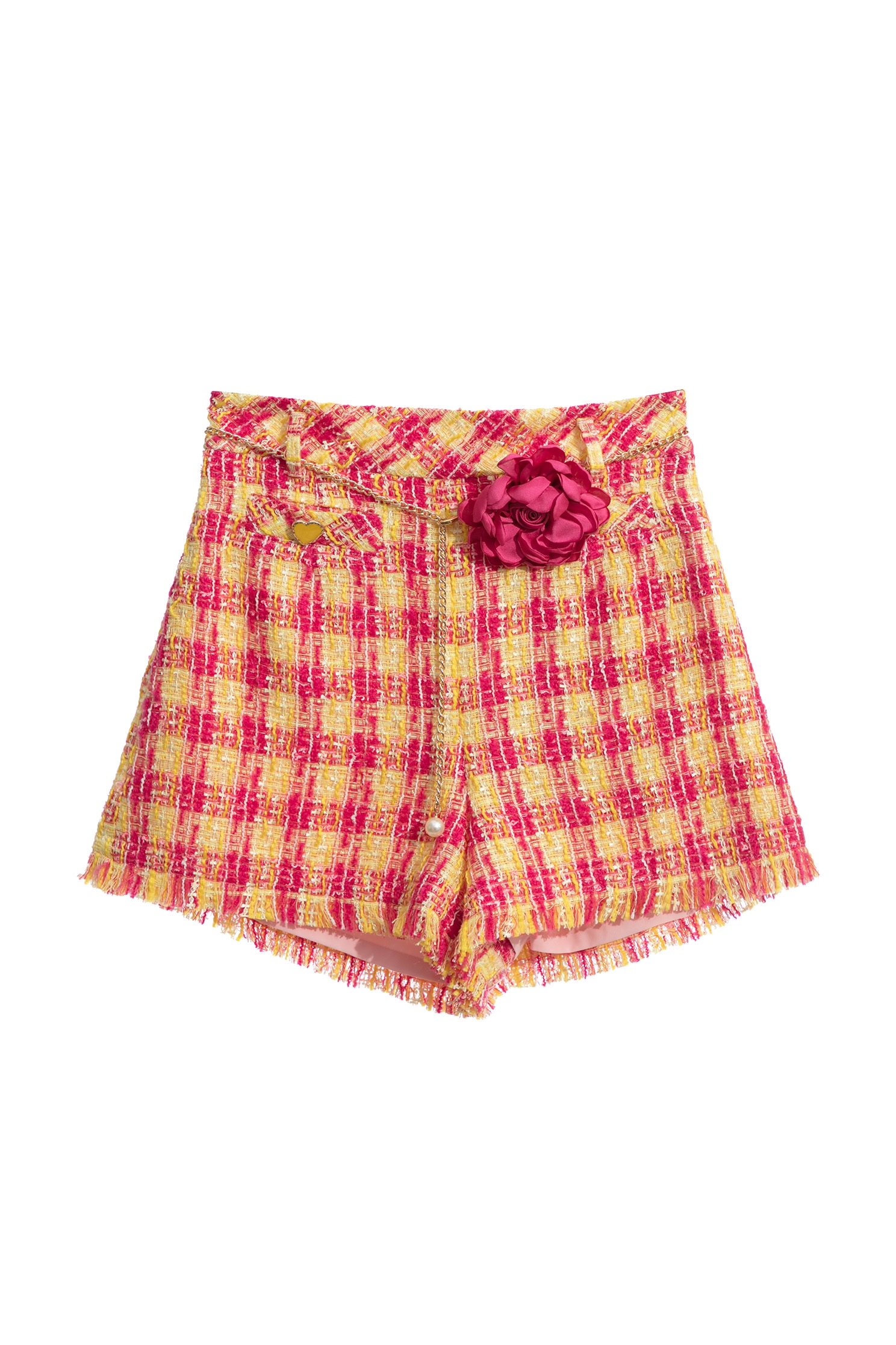 Yellow Red Checkered Tweed ShortsYellow Red Checkered Tweed Shorts,Season (SS) Look,Shorts