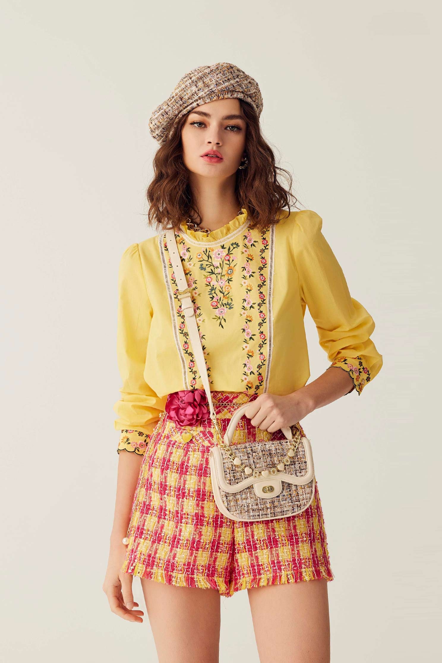 Yellow Red Checkered Tweed ShortsYellow Red Checkered Tweed Shorts,Season (SS) Look,Shorts