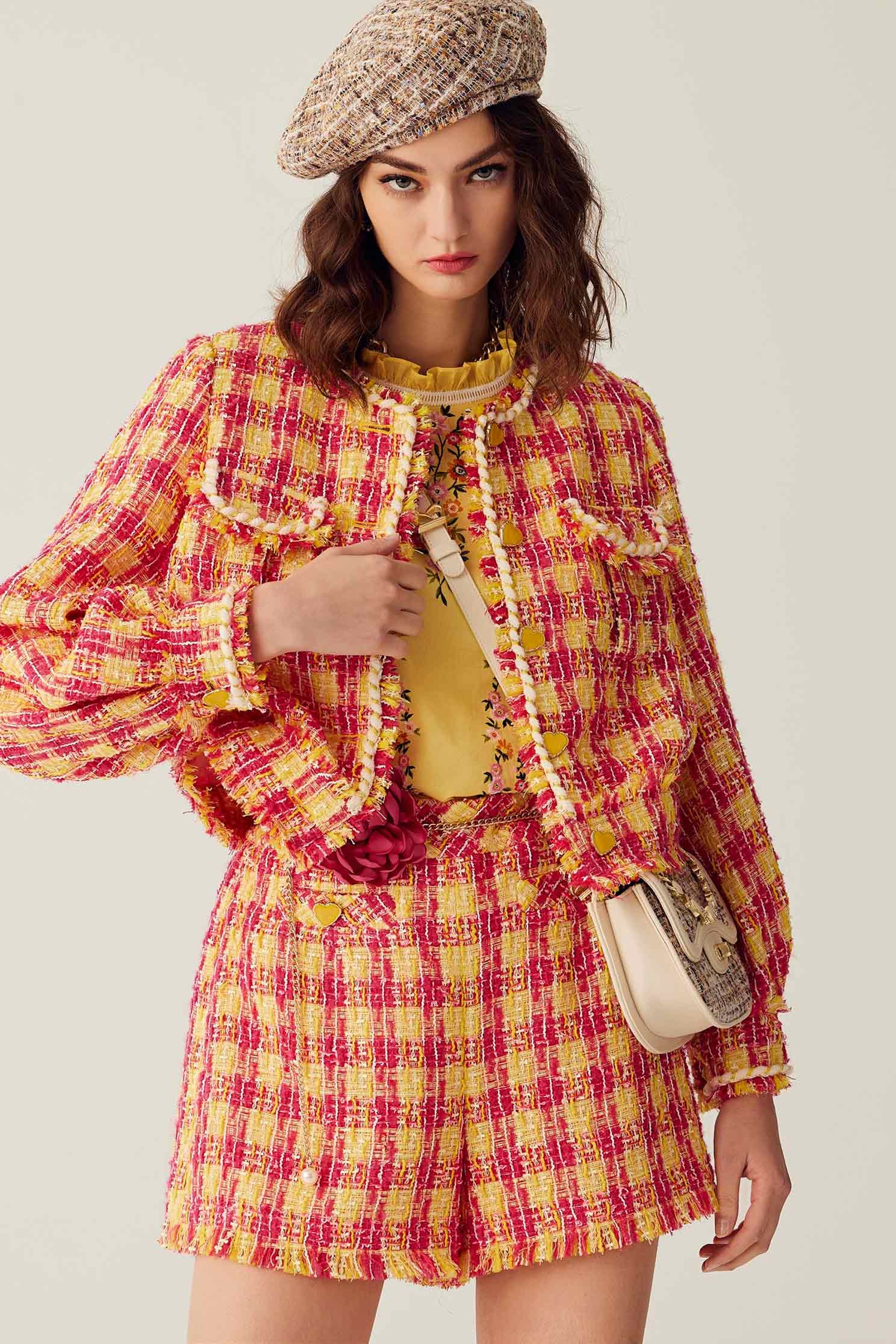 Yellow Red Checkered Tweed ShortsYellow Red Checkered Tweed Shorts,Season (SS) Look,Shorts