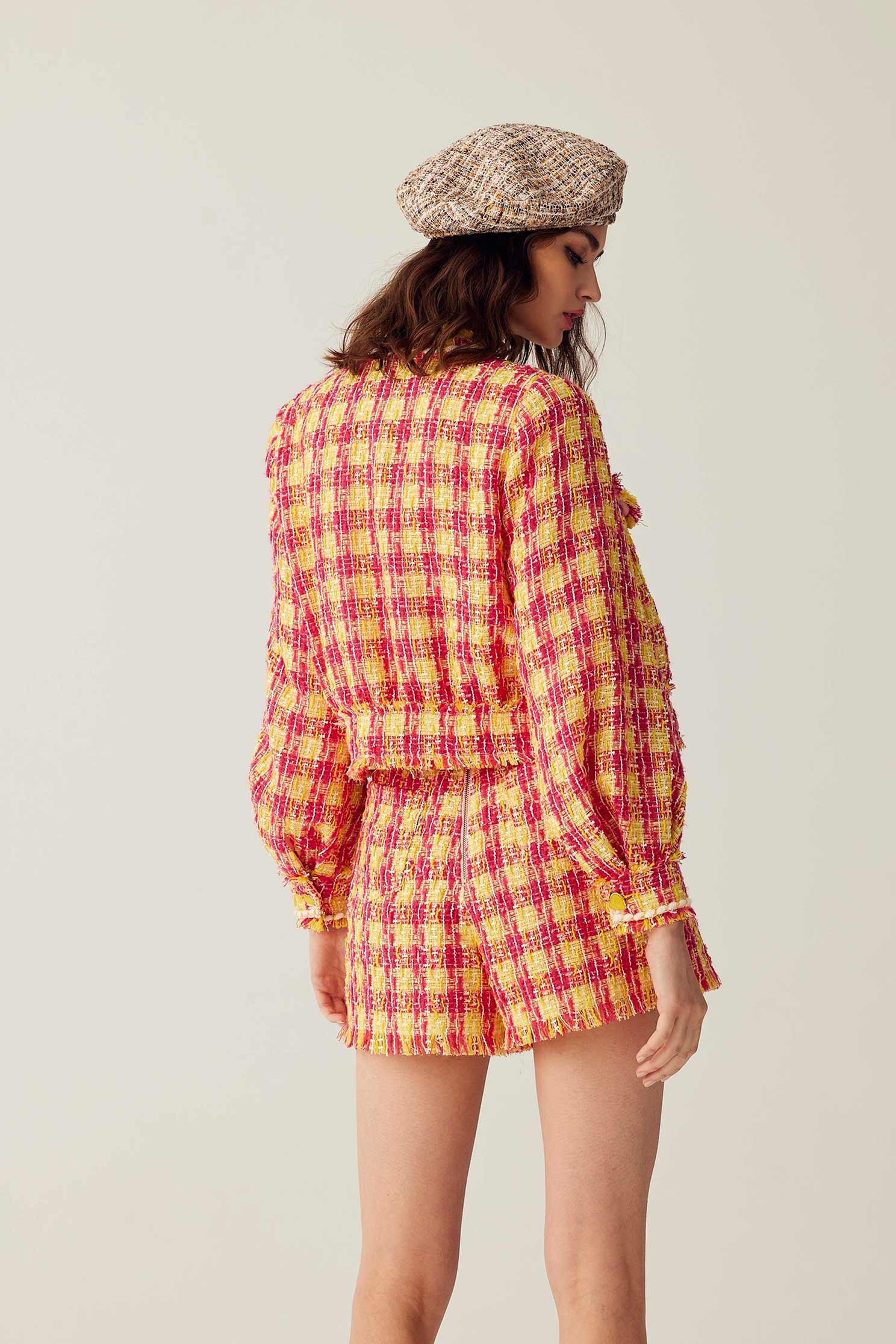 Yellow Red Checkered Tweed ShortsYellow Red Checkered Tweed Shorts,Season (SS) Look,Shorts