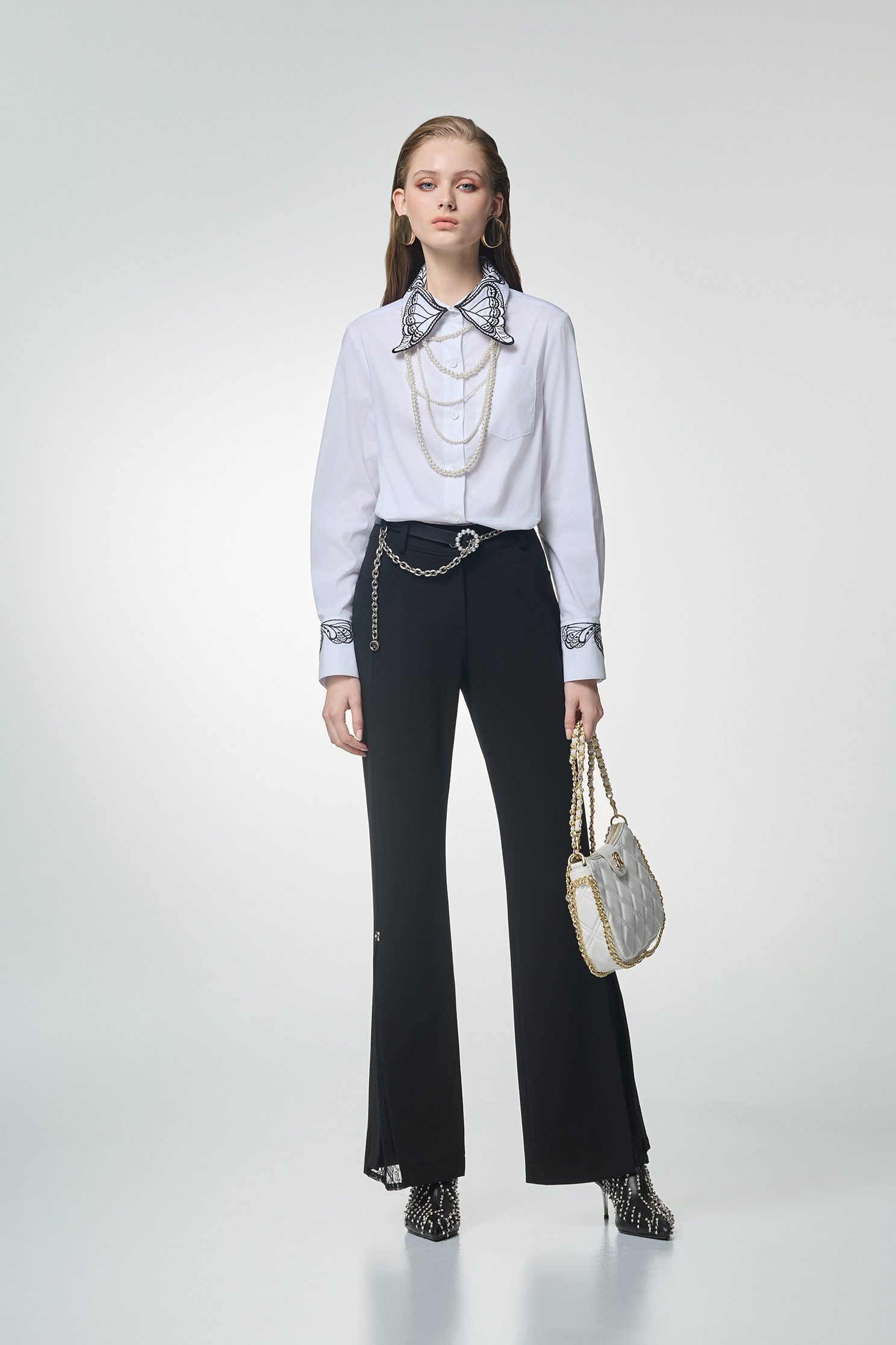 Lace Detail Side Slit Black PantsLace Detail Side Slit Black Pants,Office Looks,Bell-bottoms,pearl,Season (AW) Look,Lace,Bell-bottoms,Black trousers