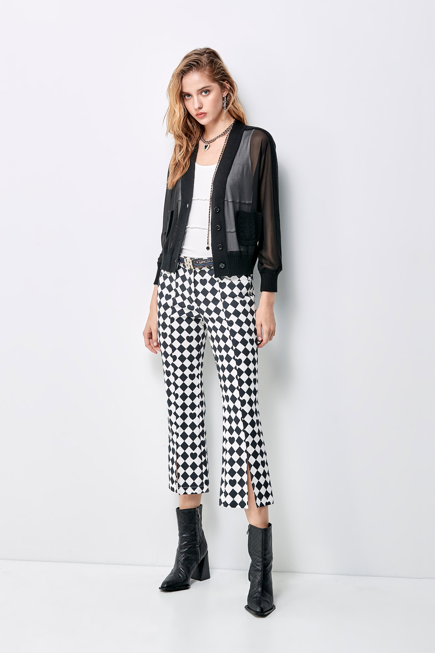 Hearts And Diamond Boot Leg PantsTrousers with heart gingham check print,Season (AW) Look,Skinny pants,Skinny pants,Tailored pants