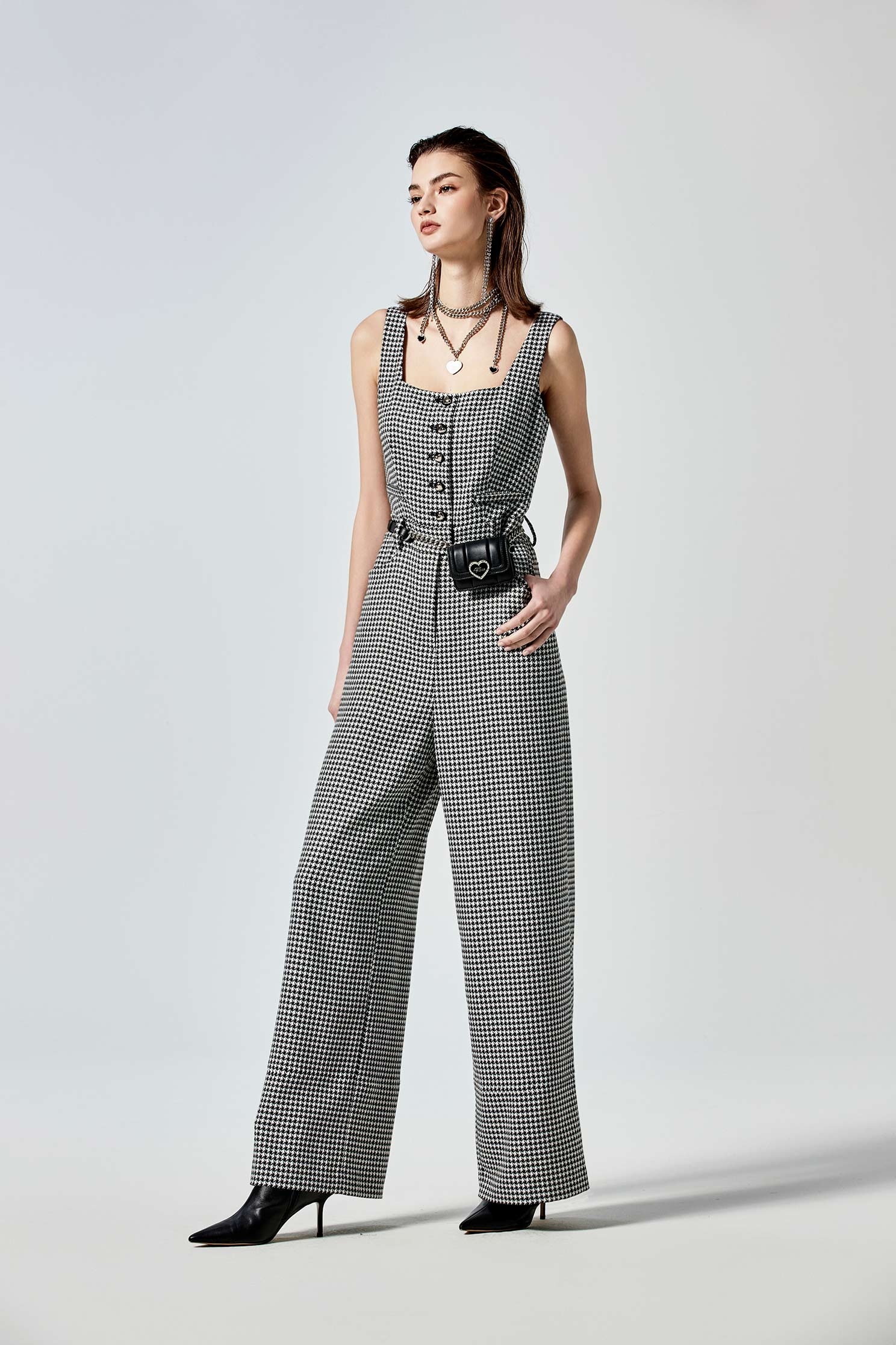 Houndsthooth Print Sleeveless JumpsuitHoundsthooth Print Sleeveless Jumpsuit,Season (SS) Look,Jumpsuits