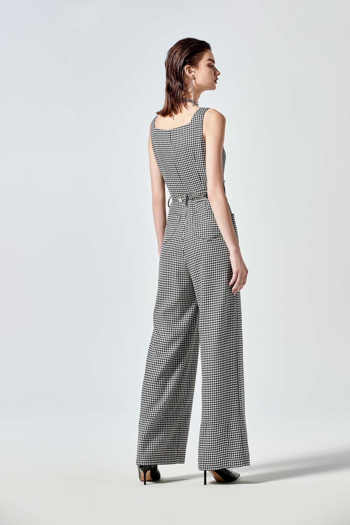 Houndsthooth Print Sleeveless JumpsuitHoundsthooth Print Sleeveless Jumpsuit,Season (SS) Look,Jumpsuits