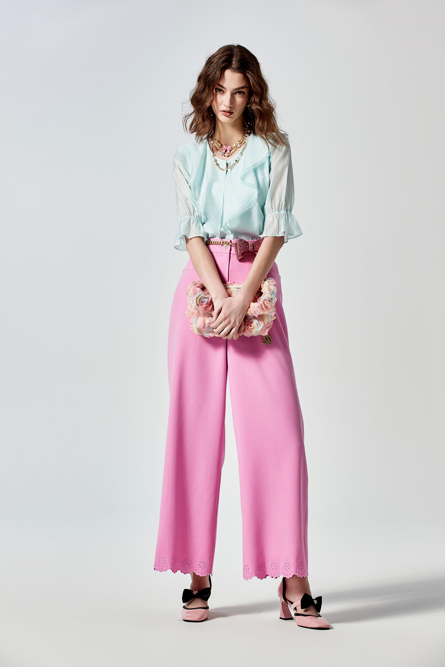 Pink Wide Leg Pants With Floral Embroidery DetailPink Wide Leg Pants With Floral Embroidery Detail,Embroidered,Culottes,Season (SS) Look,Culottes