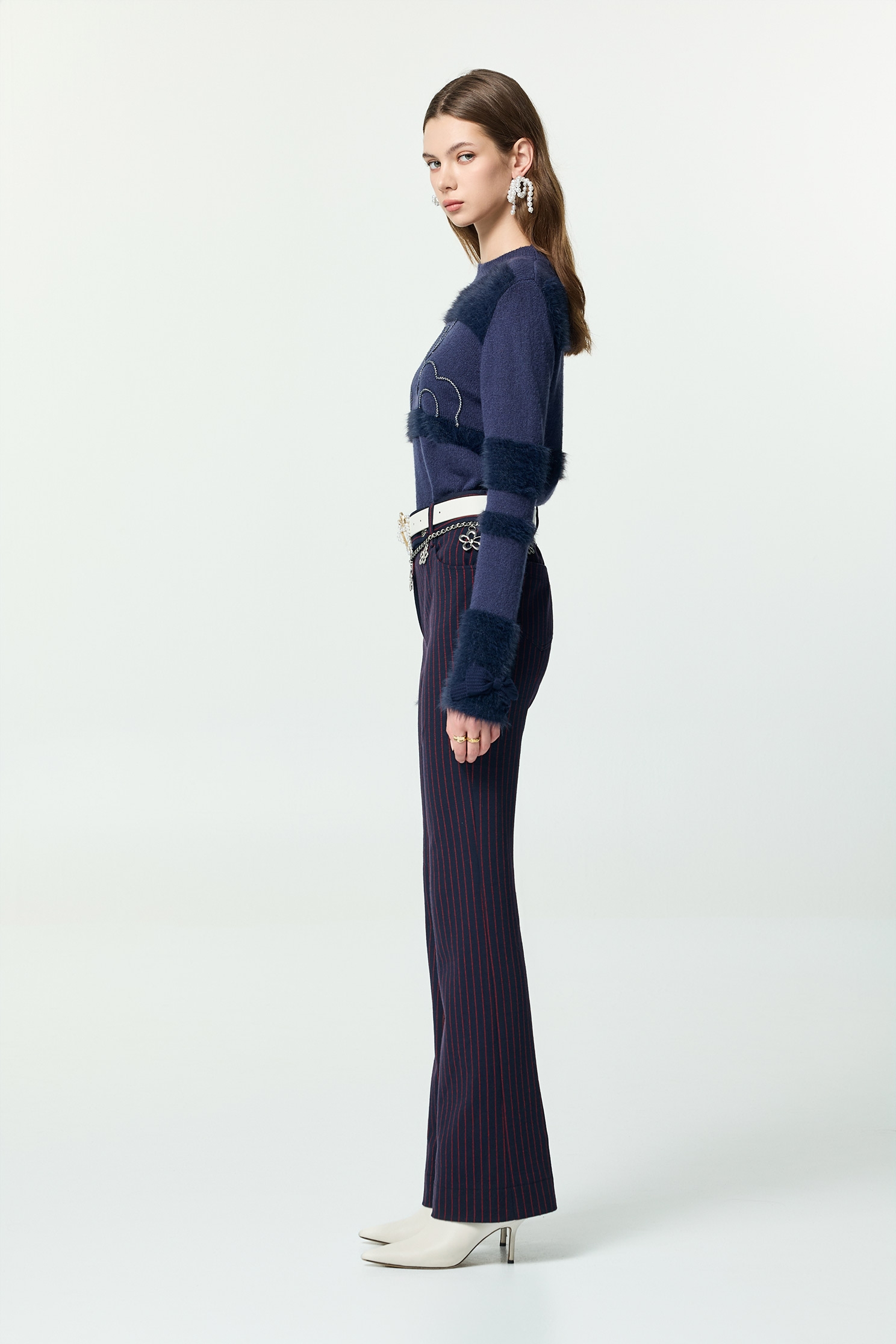 Red Pinstripe Boot Leg PantsRed Pinstripe Boot Leg Pants,Office Looks,Bell-bottoms,Stripe,Season (AW) Look,Valentine,Bell-bottoms,Knitted,Pants