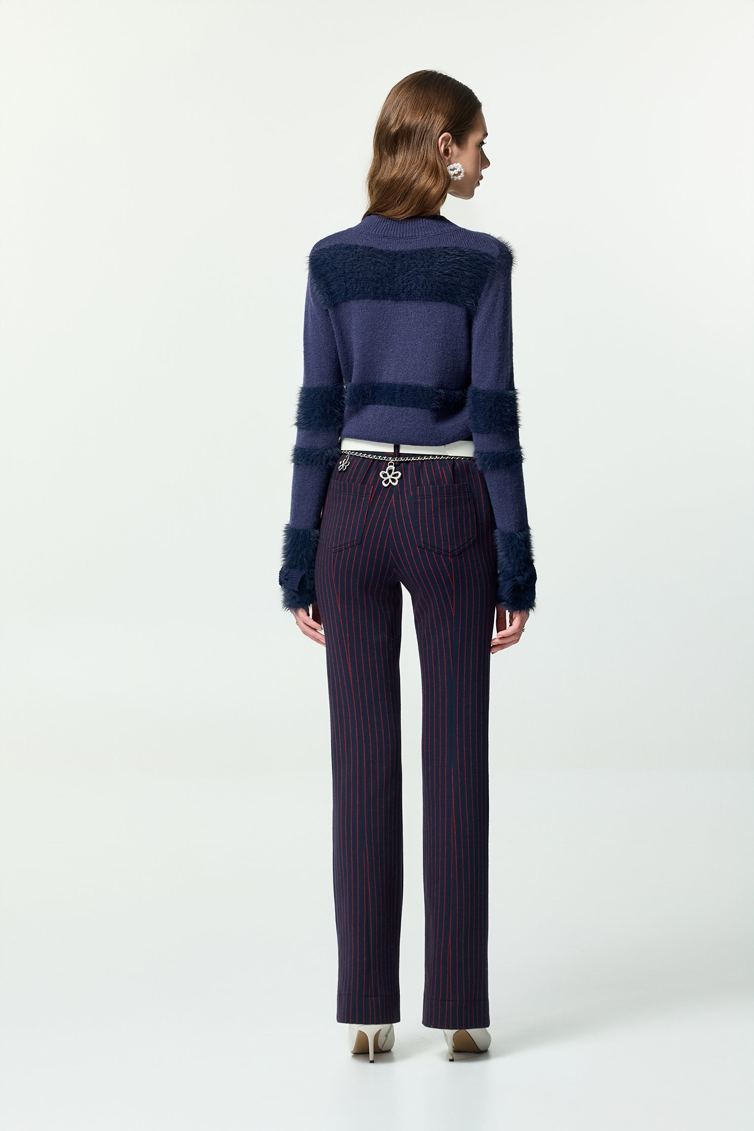 Red Pinstripe Boot Leg PantsRed Pinstripe Boot Leg Pants,Office Looks,Bell-bottoms,Stripe,Season (AW) Look,Valentine,Bell-bottoms,Knitted,Pants