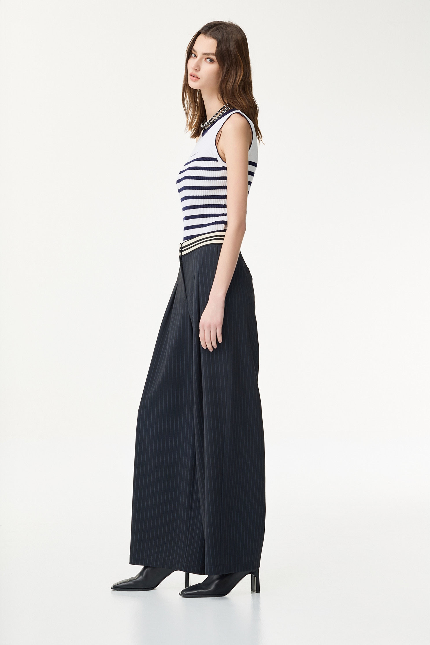 Pinstripe Navy Wide Leg PantsPinstripe Navy Wide Leg Pants,Culottes,Season (SS) Look,Stripe,Culottes