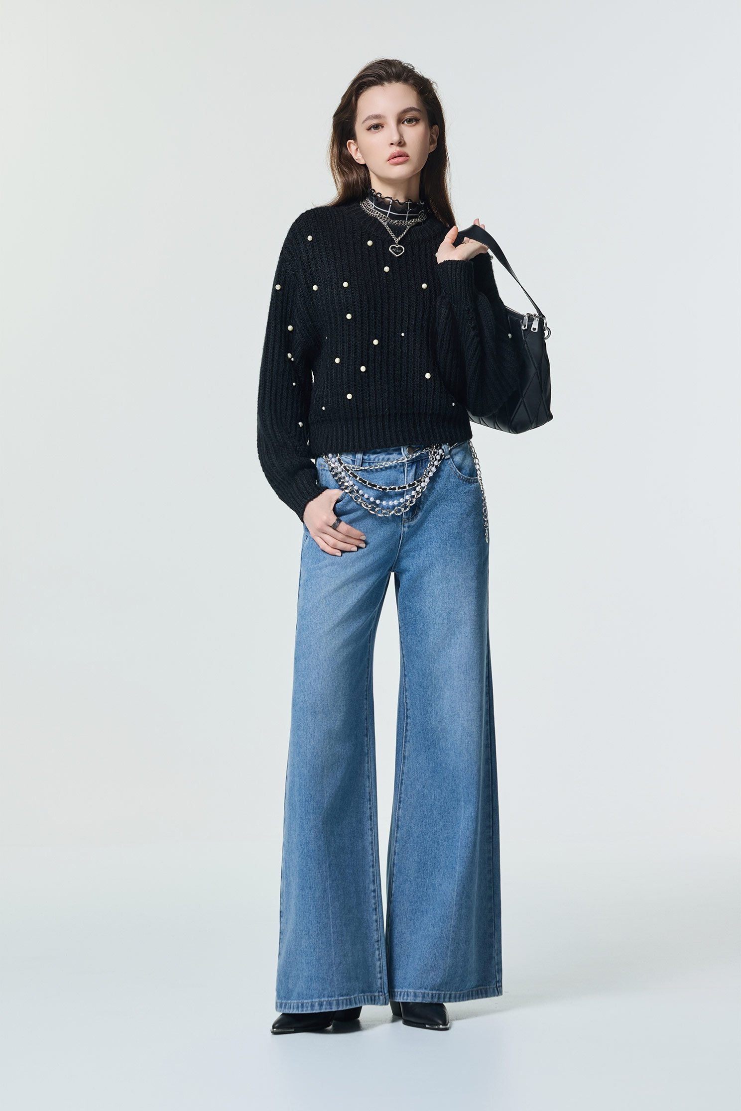 Pearl Chain Belt Wide Leg JeansPearl Chain Belt Wide Leg Jeans,Season (SS) Look,Denim,Jeans,pearl,pants