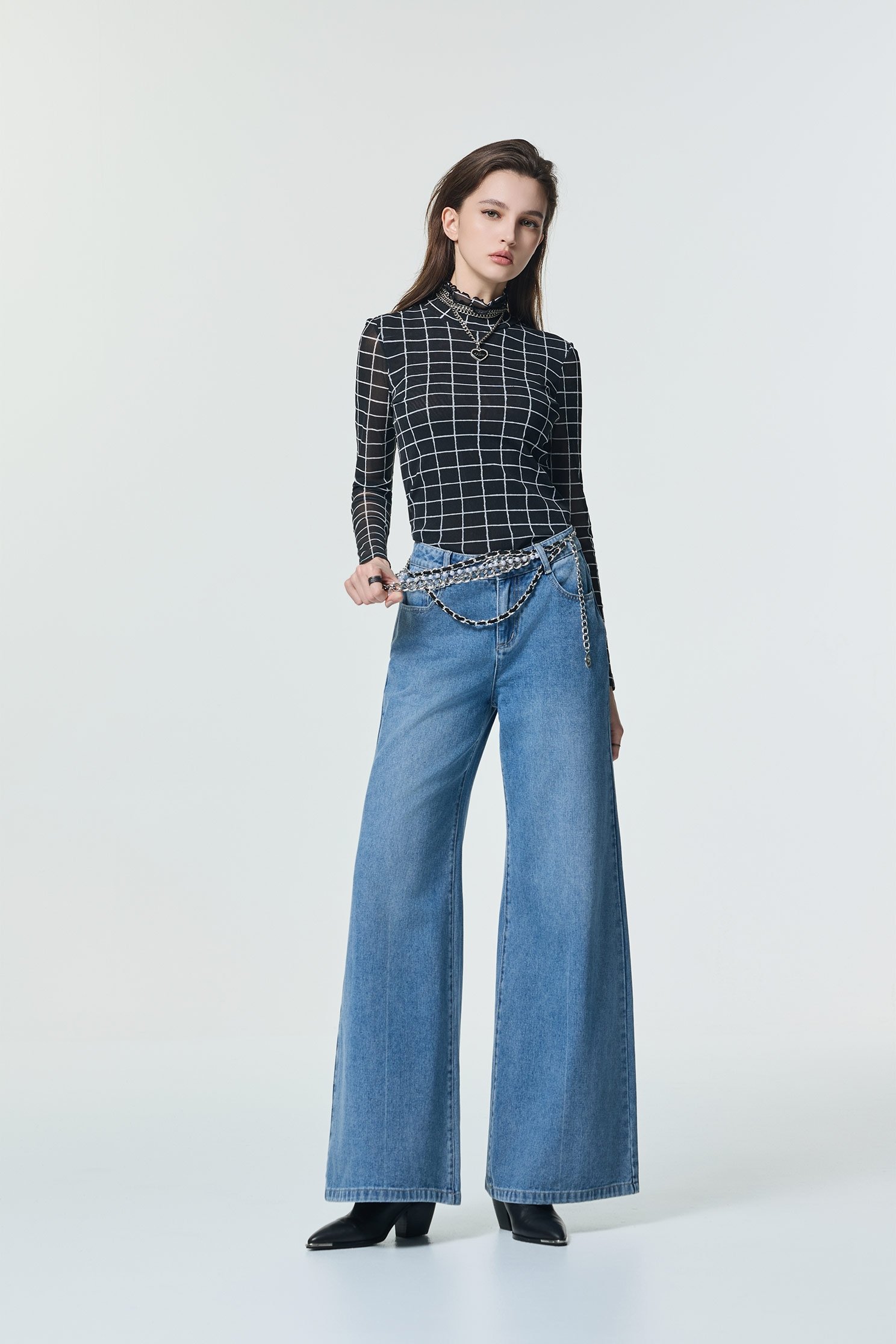 Pearl Chain Belt Wide Leg JeansPearl Chain Belt Wide Leg Jeans,Season (SS) Look,Denim,Jeans,pearl,pants