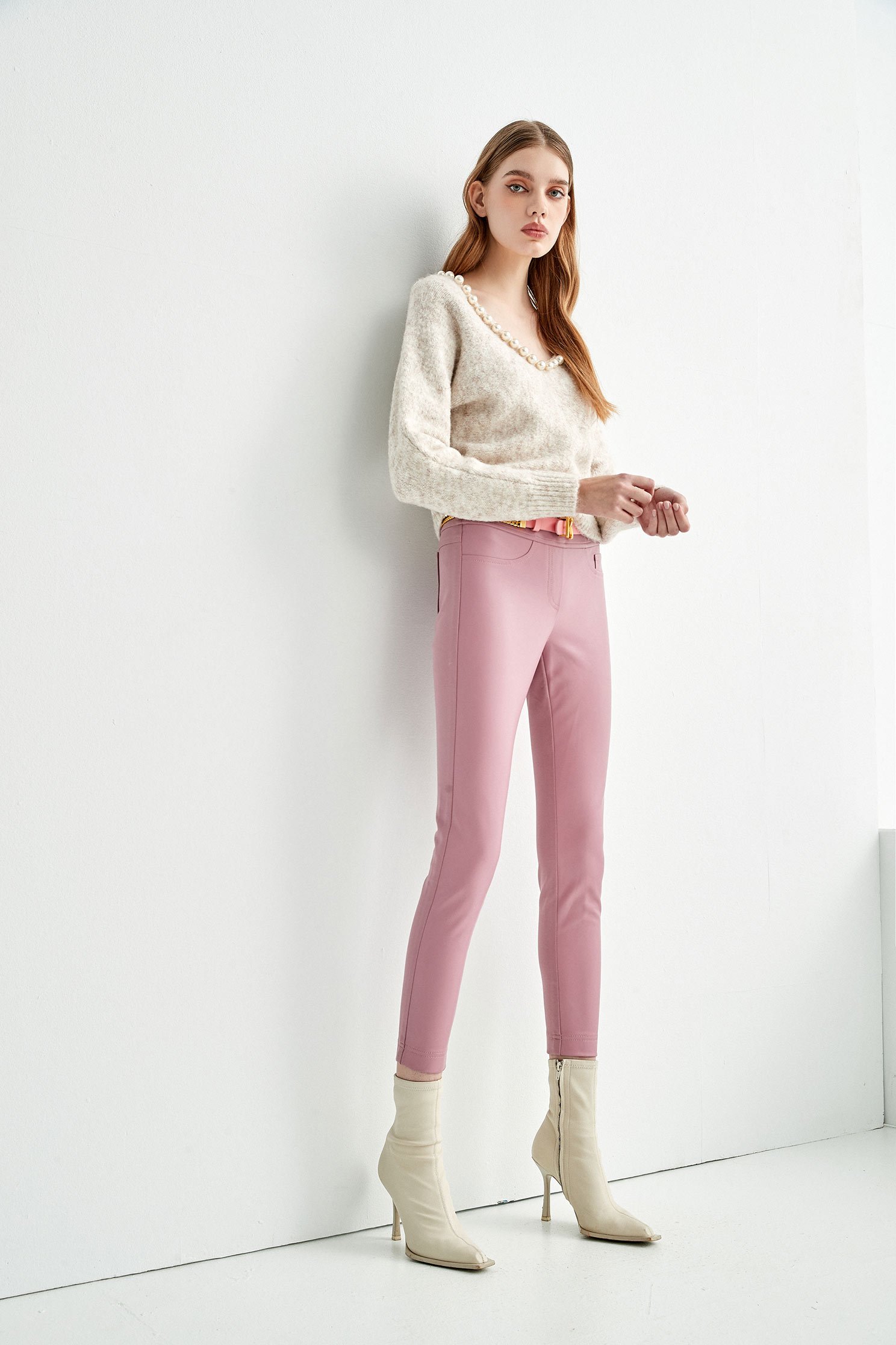 Pink Splicing Skinny PantsContrast pink pants,Skinny pants,Valentine,Skinny pants