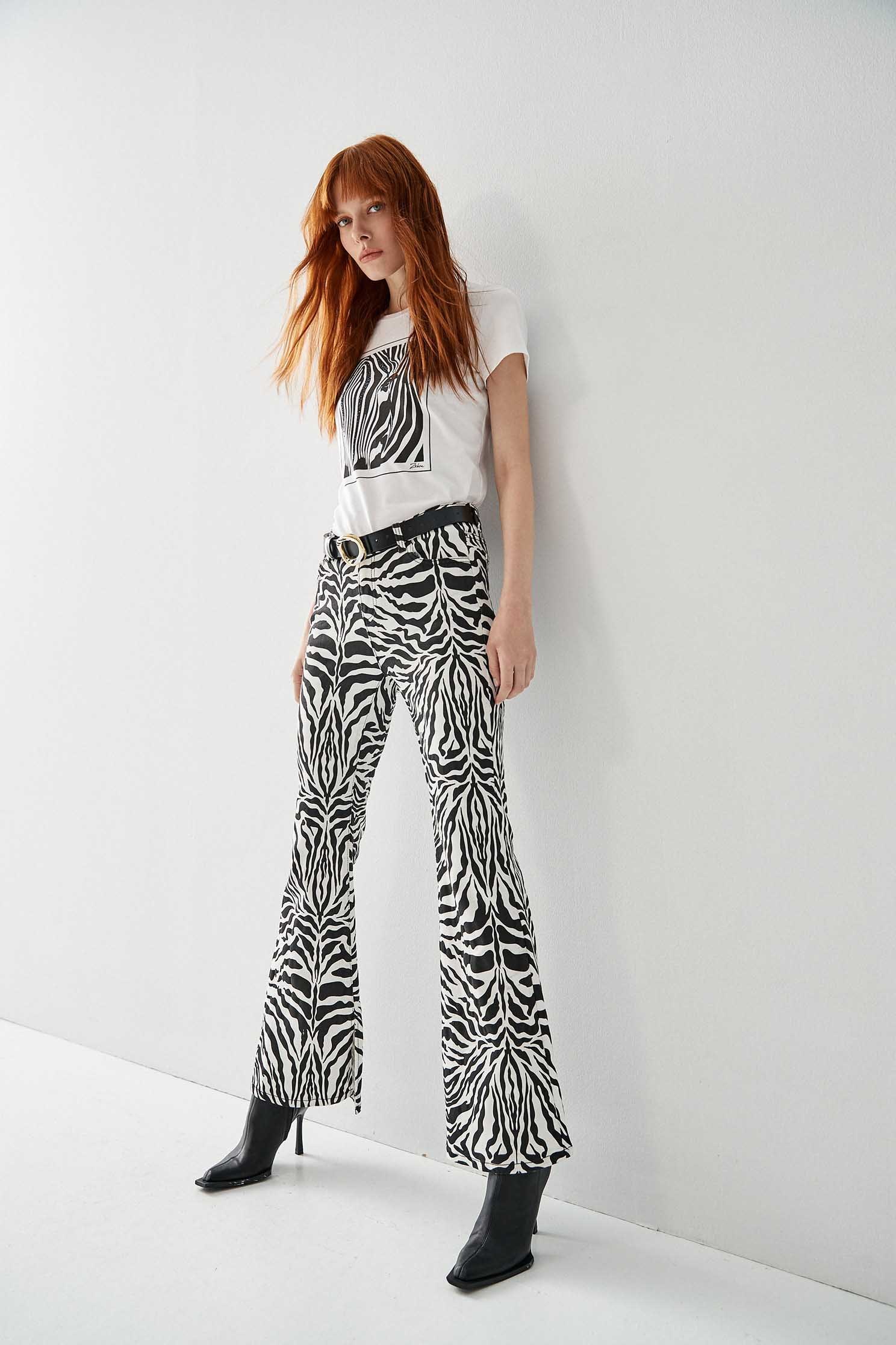 Zebra Print Boot Leg JeansDenim trousers with zebra print,Bell-bottoms,Denim,Jeans,Denim pants,Season (AW) Look,Cotton,Bell-bottoms