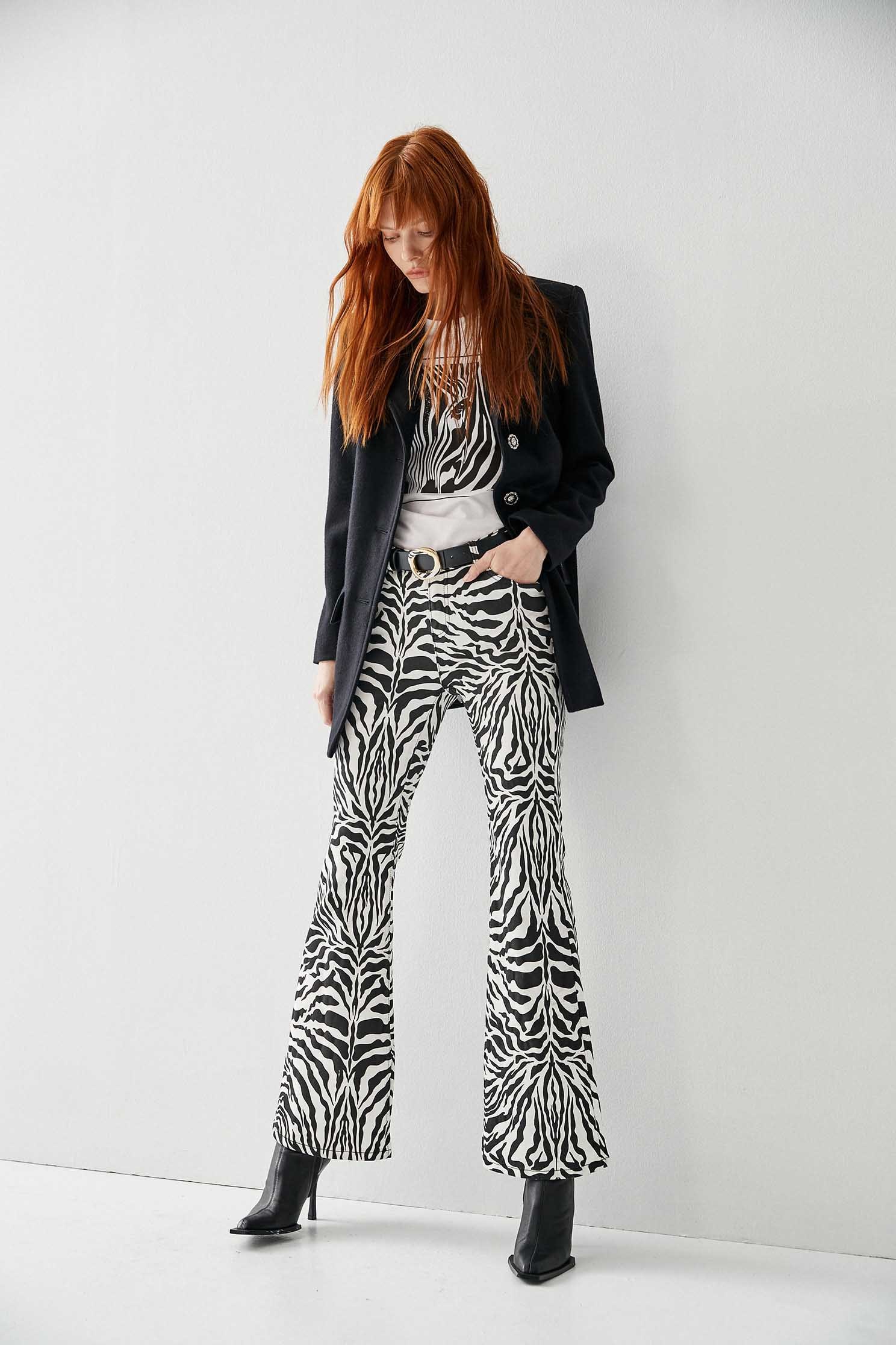 Zebra Print Boot Leg JeansDenim trousers with zebra print,Bell-bottoms,Denim,Jeans,Denim pants,Season (AW) Look,Cotton,Bell-bottoms