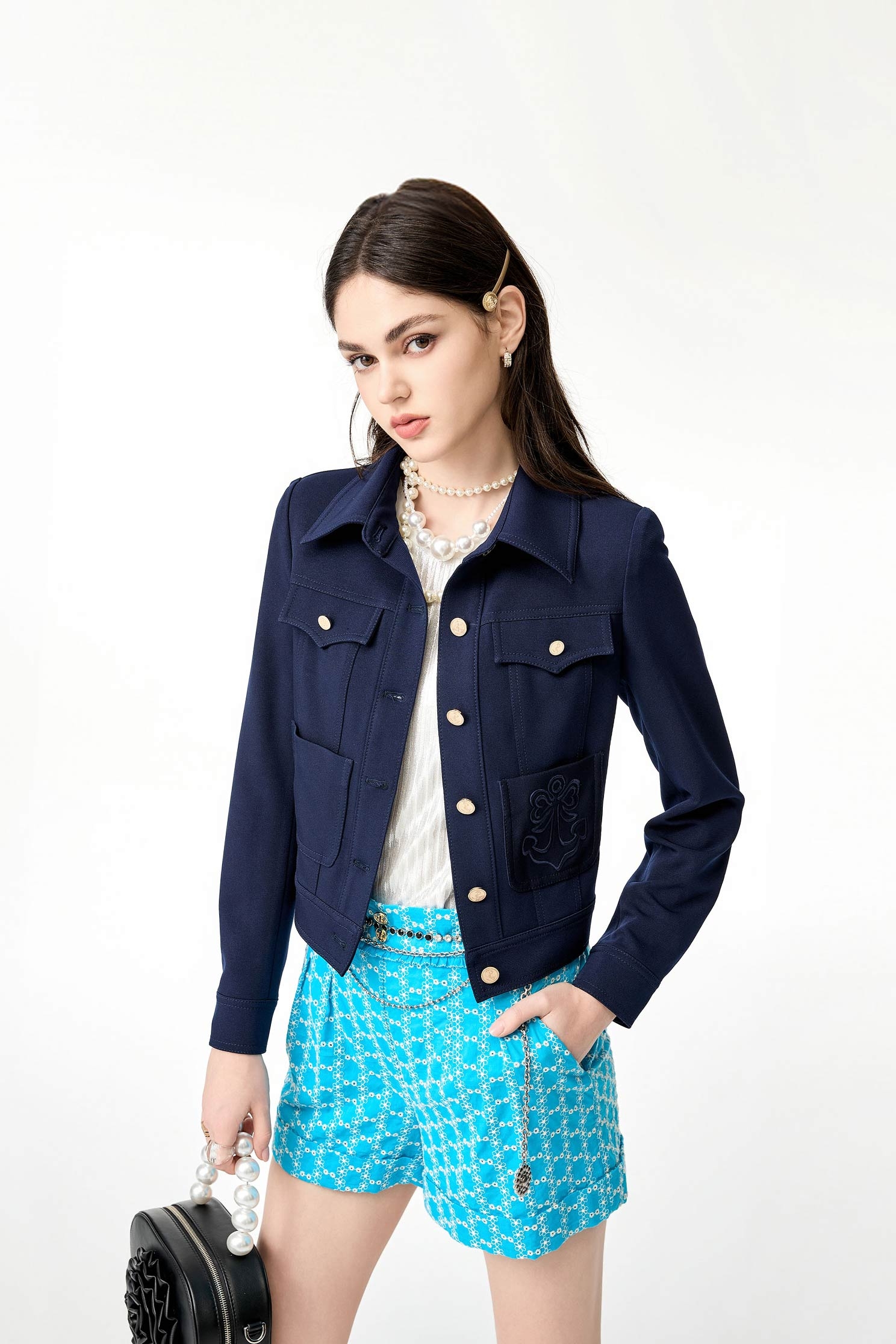 Full Floral Embroidery Blue ShortsFull Floral Embroidery Blue Shorts,Embroidered,Season (SS) Look,Shorts