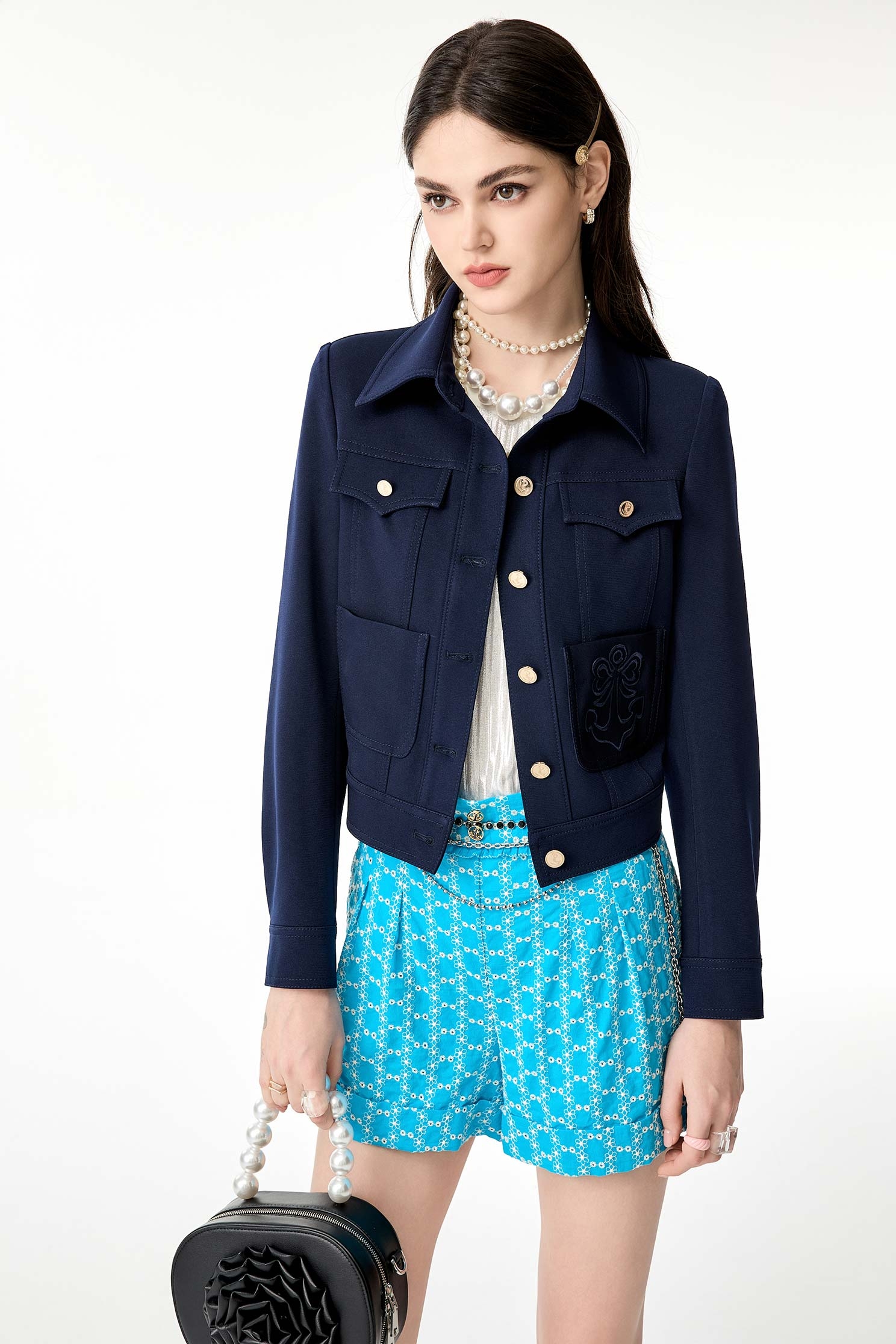 Full Floral Embroidery Blue ShortsFull Floral Embroidery Blue Shorts,Embroidered,Season (SS) Look,Shorts