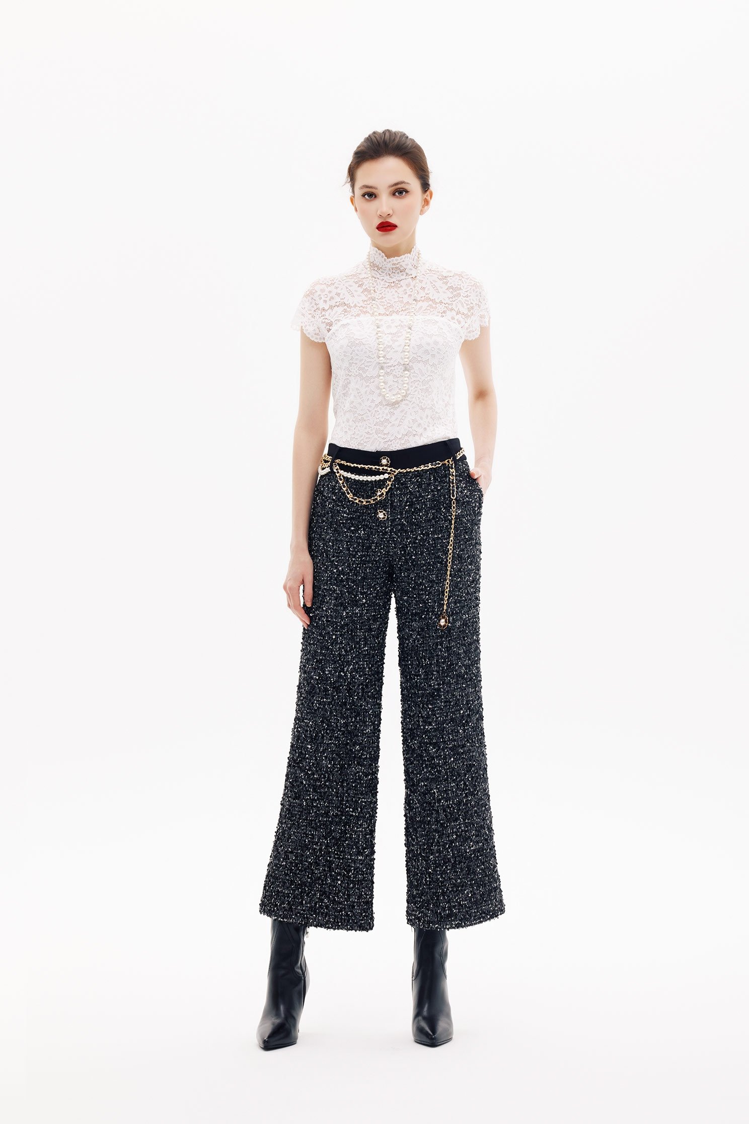 Wide Leg Tweed PantsWide Leg Tweed Pants,Office Looks,Culottes,Season (SS) Look,Party Looks,pearl,pants,Black pants