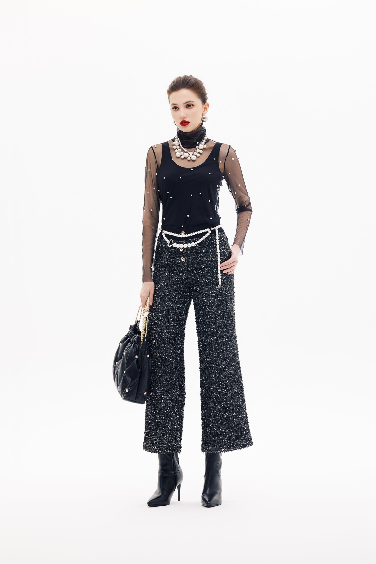 Wide Leg Tweed PantsWide Leg Tweed Pants,Office Looks,Culottes,Season (SS) Look,Party Looks,pearl,pants,Black pants