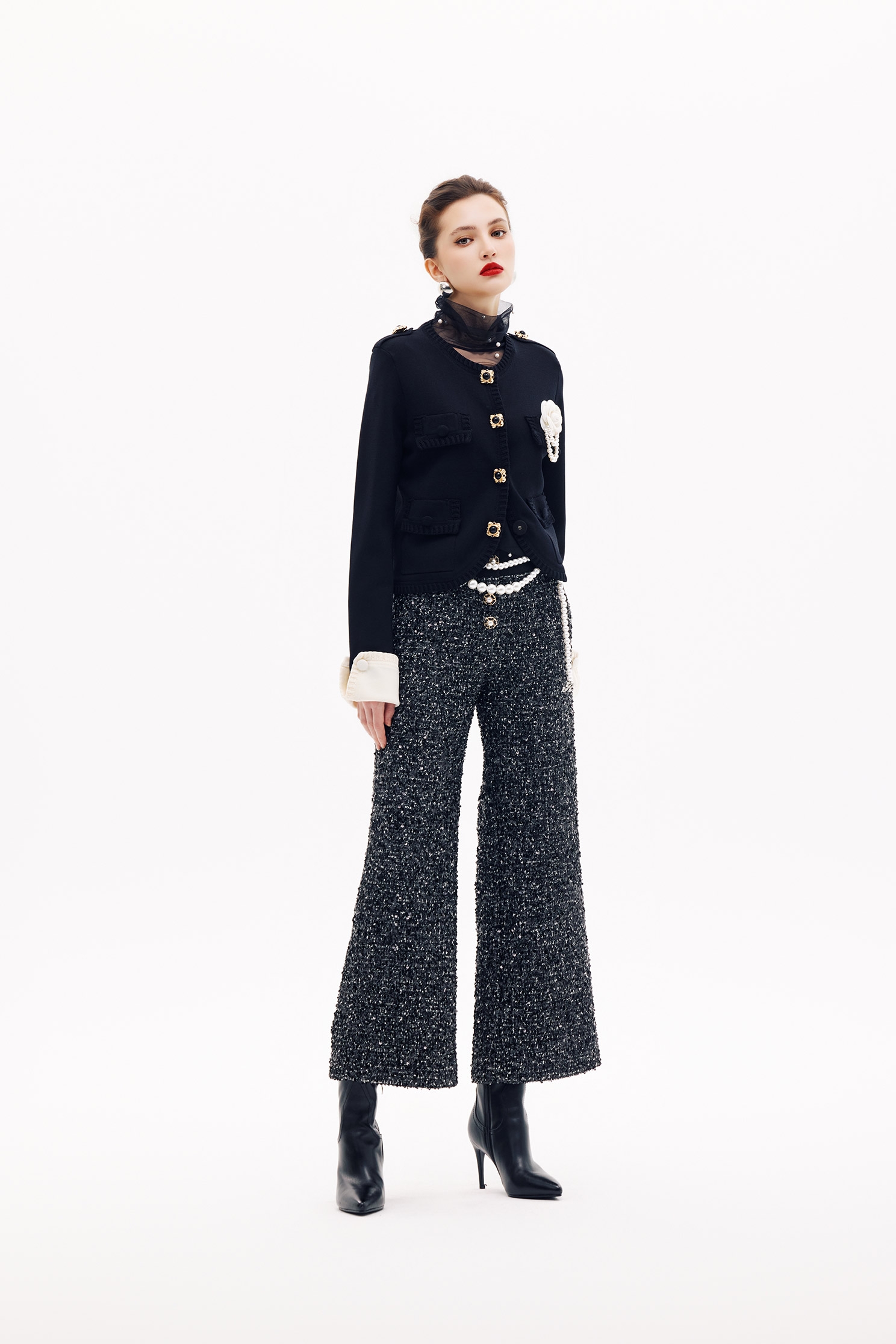 Wide Leg Tweed PantsWide Leg Tweed Pants,Office Looks,Culottes,Season (SS) Look,Party Looks,pearl,pants,Black pants