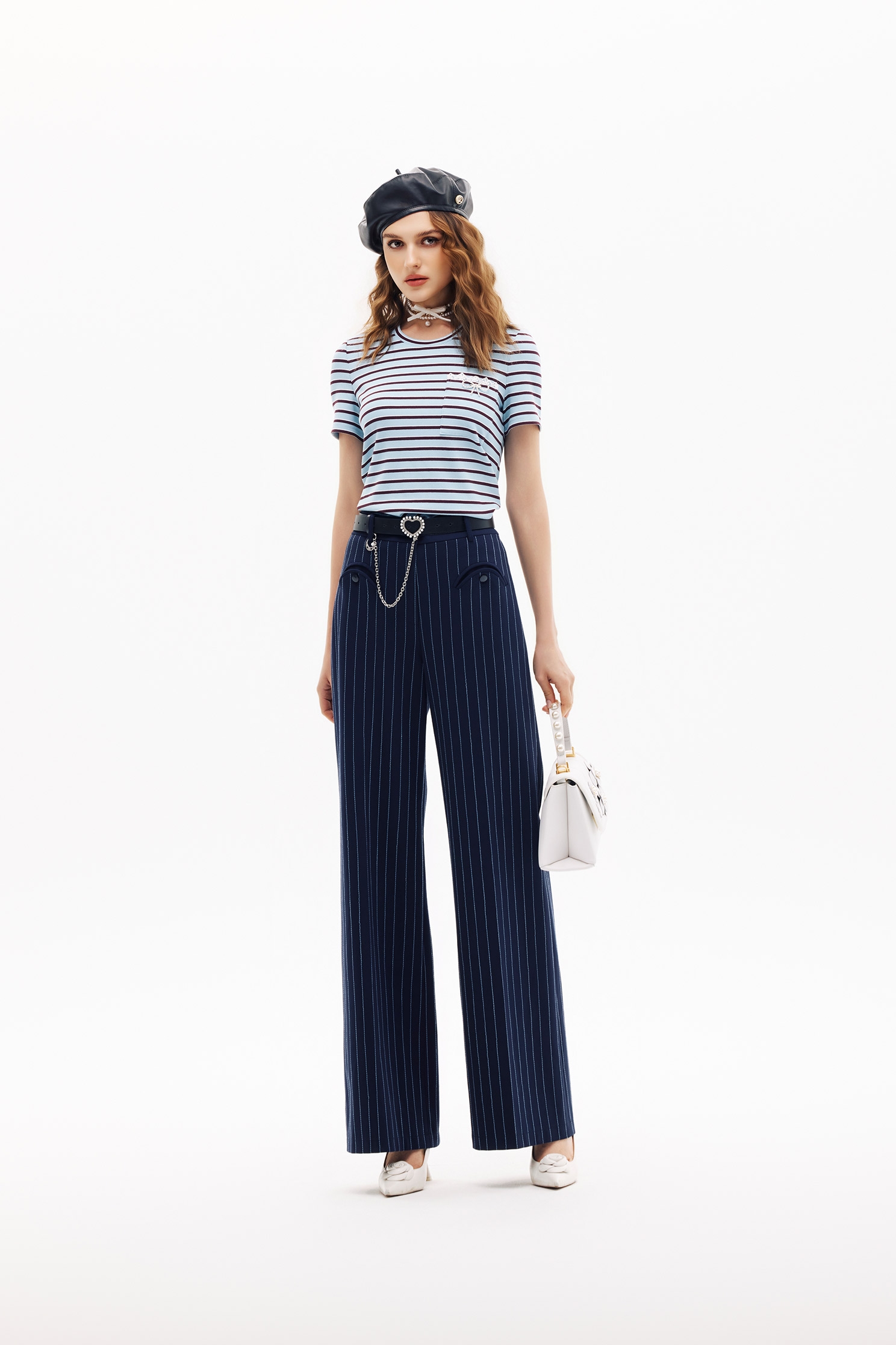 Pinstripe Navy PantsPinstripe Navy Pants,Embroidered,Bell-bottoms,Season (SS) Look,pants