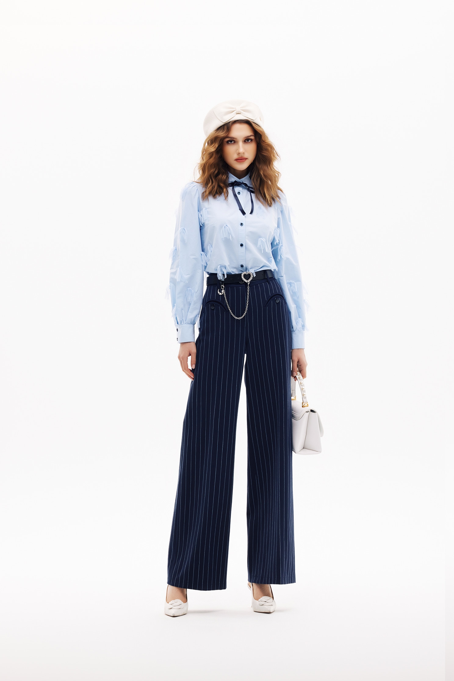 Pinstripe Navy PantsPinstripe Navy Pants,Embroidered,Bell-bottoms,Season (SS) Look,pants