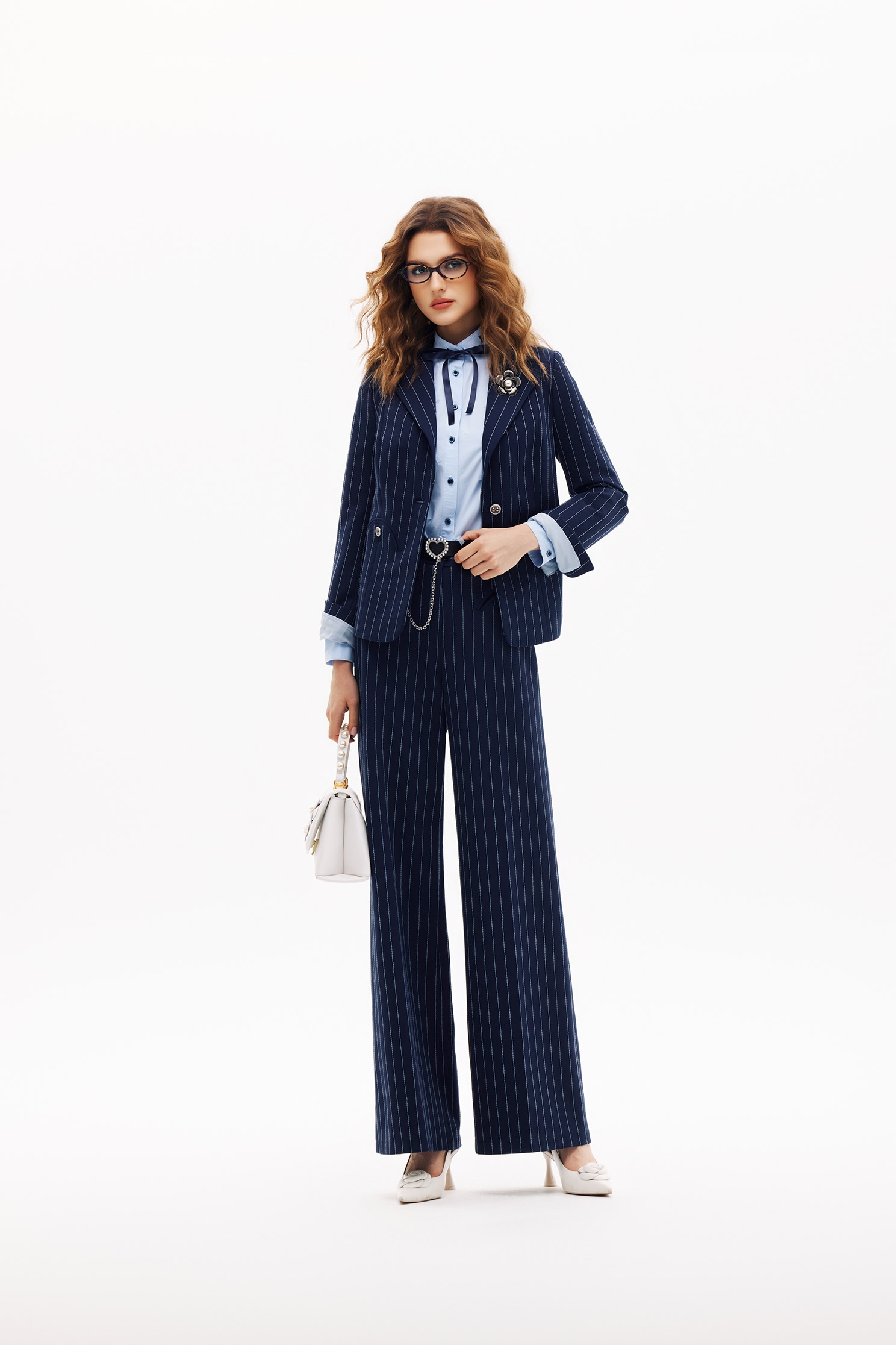 Pinstripe Navy PantsPinstripe Navy Pants,Embroidered,Bell-bottoms,Season (SS) Look,pants
