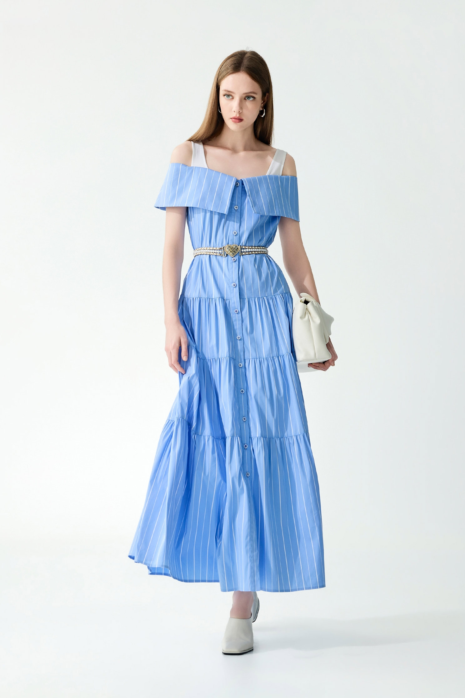 Pinstripe Cold Shoulder DressPinstripe Cold Shoulder Dress,Dresses,Denim,Season (SS) Look,Stripe