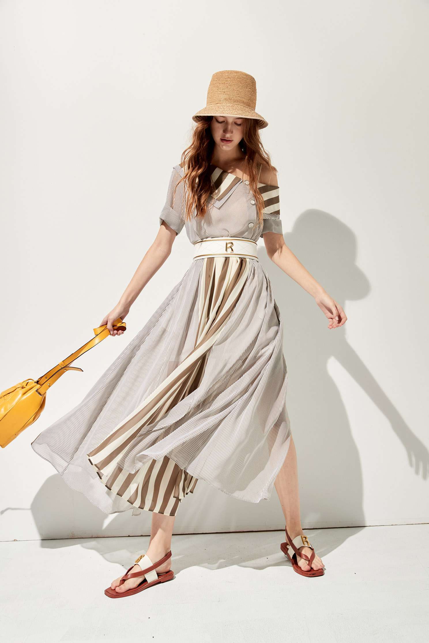 Asymmetric Collar Contrast Maxi DressContrast striped long dress,Dresses,Queen,Season (SS) Look,Stripe,mothergift,Cutwork details dresses,dresses,Chiffon