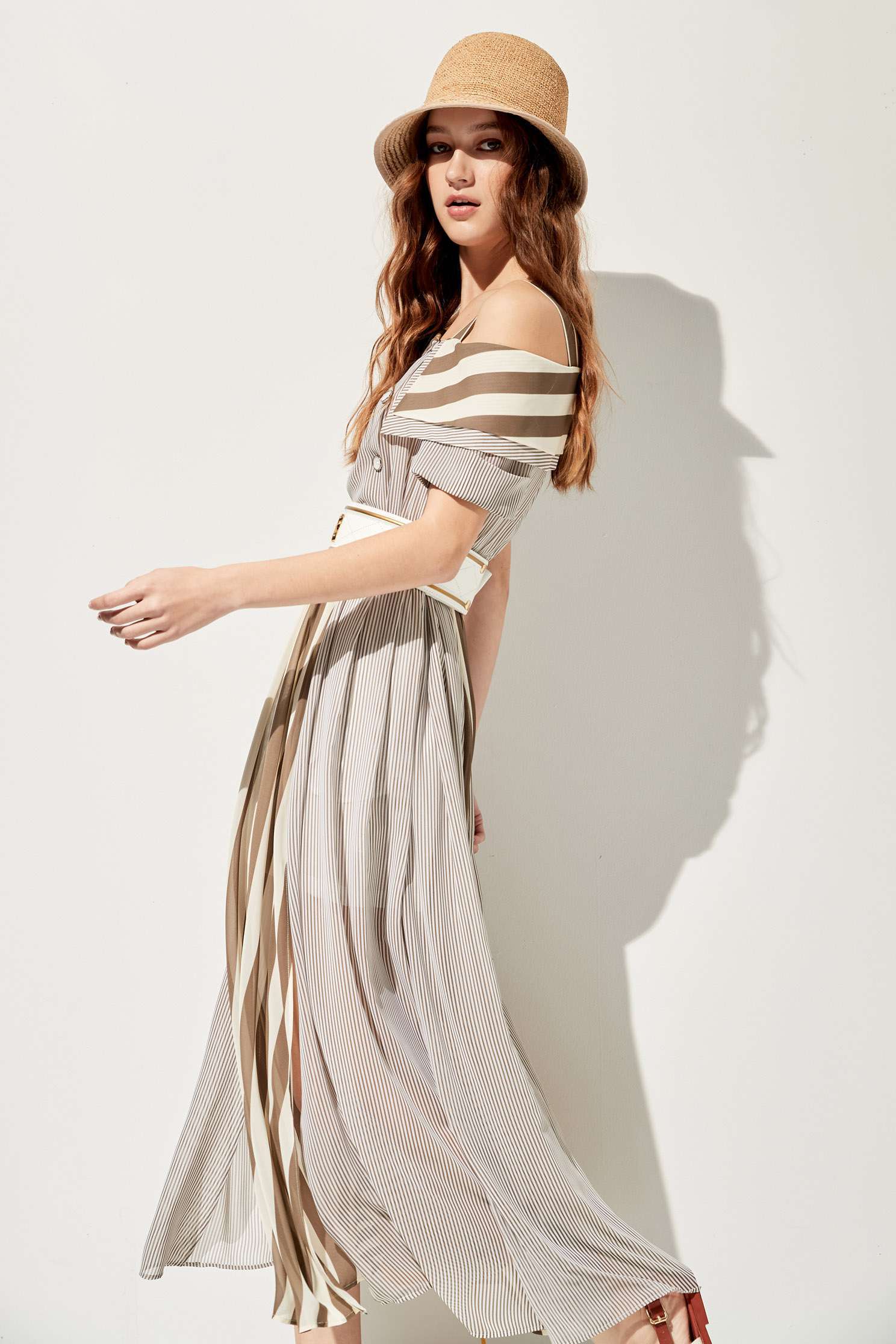 Asymmetric Collar Contrast Maxi DressContrast striped long dress,Dresses,Queen,Season (SS) Look,Stripe,mothergift,Cutwork details dresses,dresses,Chiffon