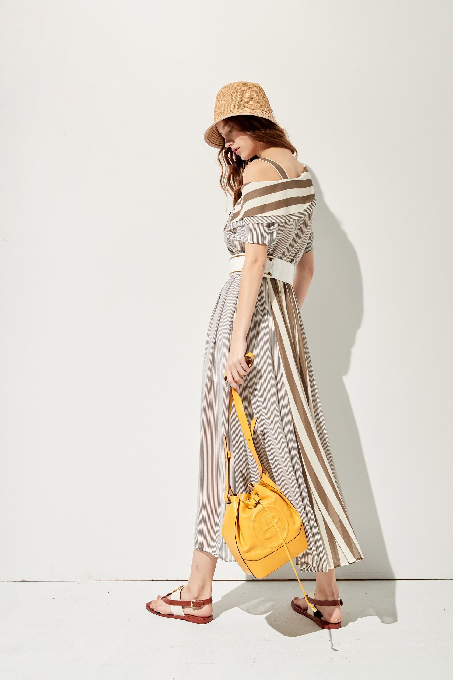Asymmetric Collar Contrast Maxi DressContrast striped long dress,Dresses,Queen,Season (SS) Look,Stripe,mothergift,Cutwork details dresses,dresses,Chiffon