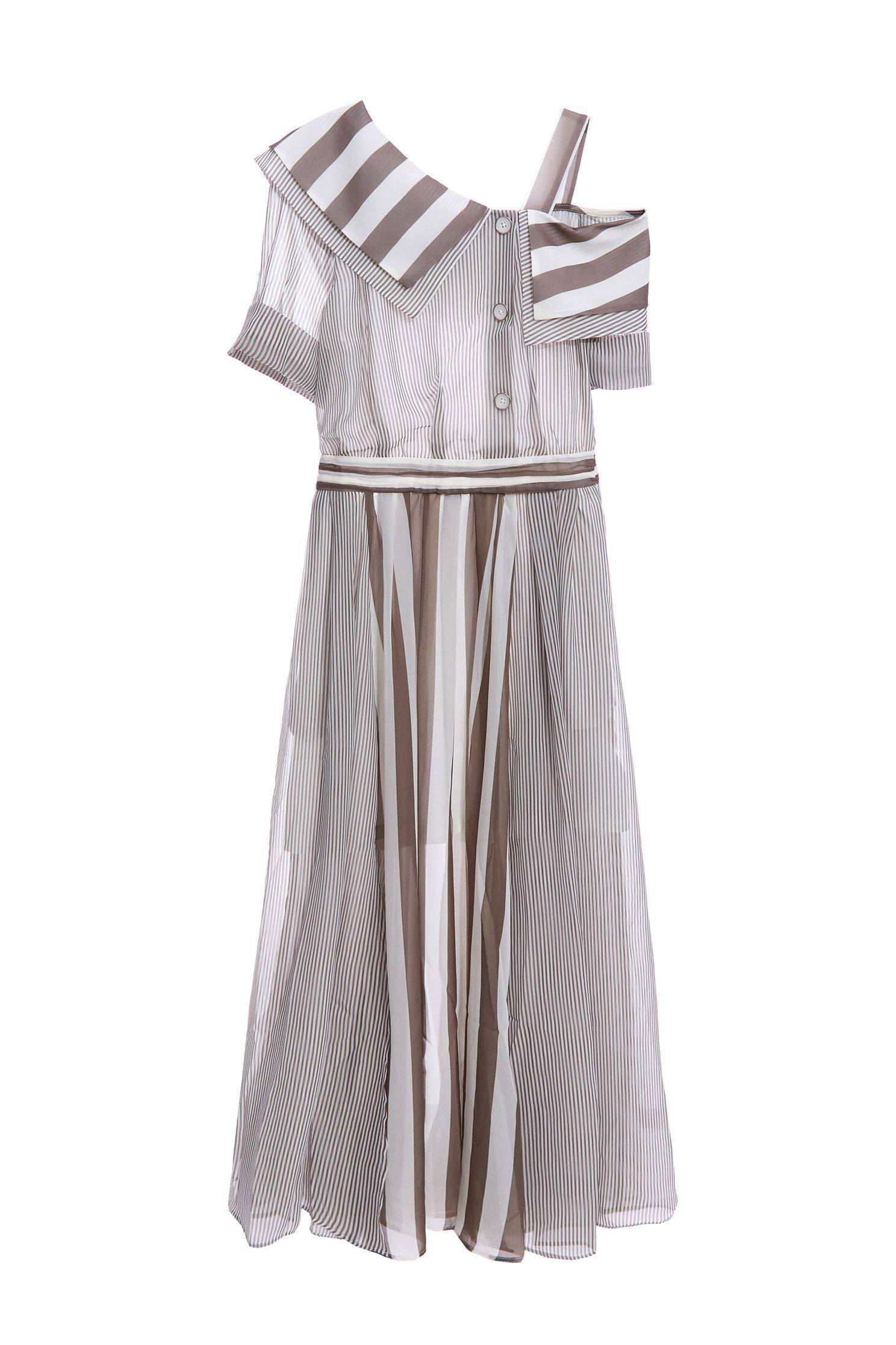 Asymmetric Collar Contrast Maxi DressContrast striped long dress,Dresses,Queen,Season (SS) Look,Stripe,mothergift,Cutwork details dresses,dresses,Chiffon