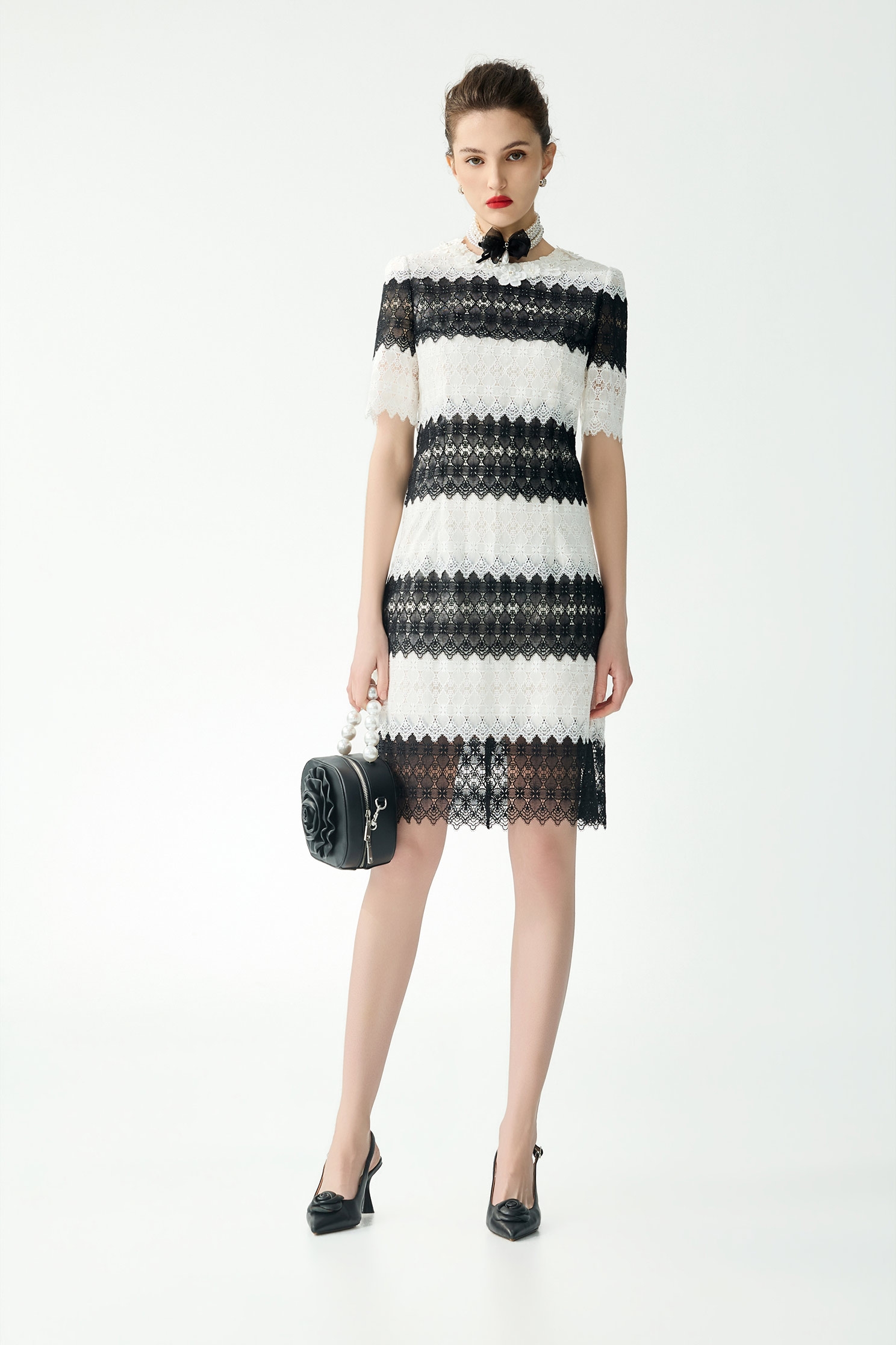 Black White Contrast Lace Midi DressBlack White Contrast Lace Midi Dress,Dresses,Season (SS) Look,White dresses,Lace