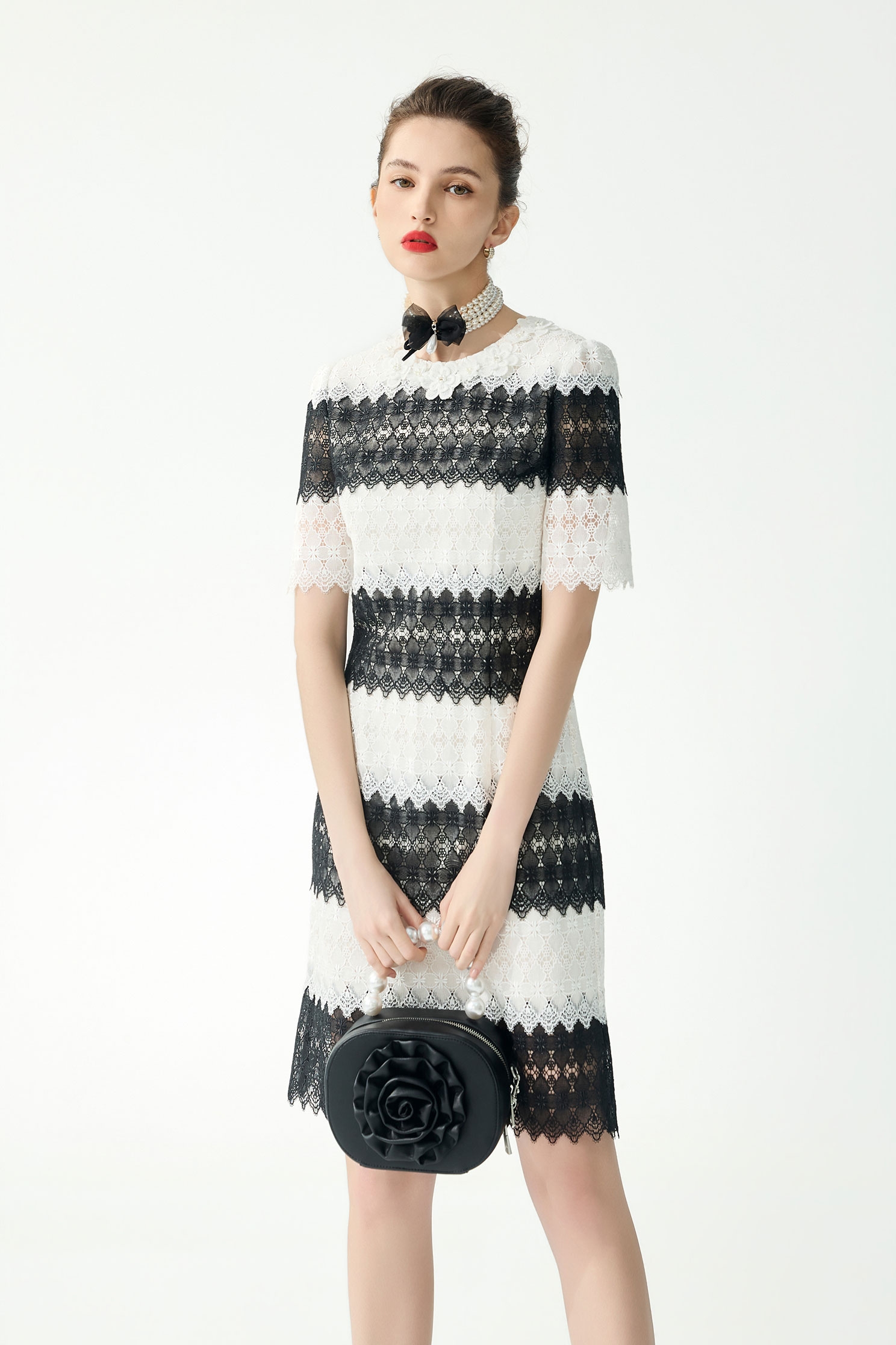 Black White Contrast Lace Midi DressBlack White Contrast Lace Midi Dress,Dresses,Season (SS) Look,White dresses,Lace