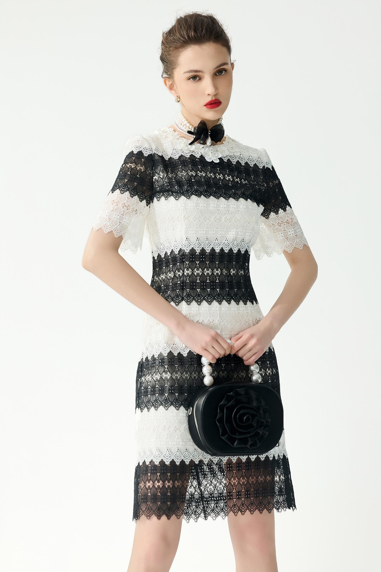 Black White Contrast Lace Midi DressBlack White Contrast Lace Midi Dress,Dresses,Season (SS) Look,White dresses,Lace