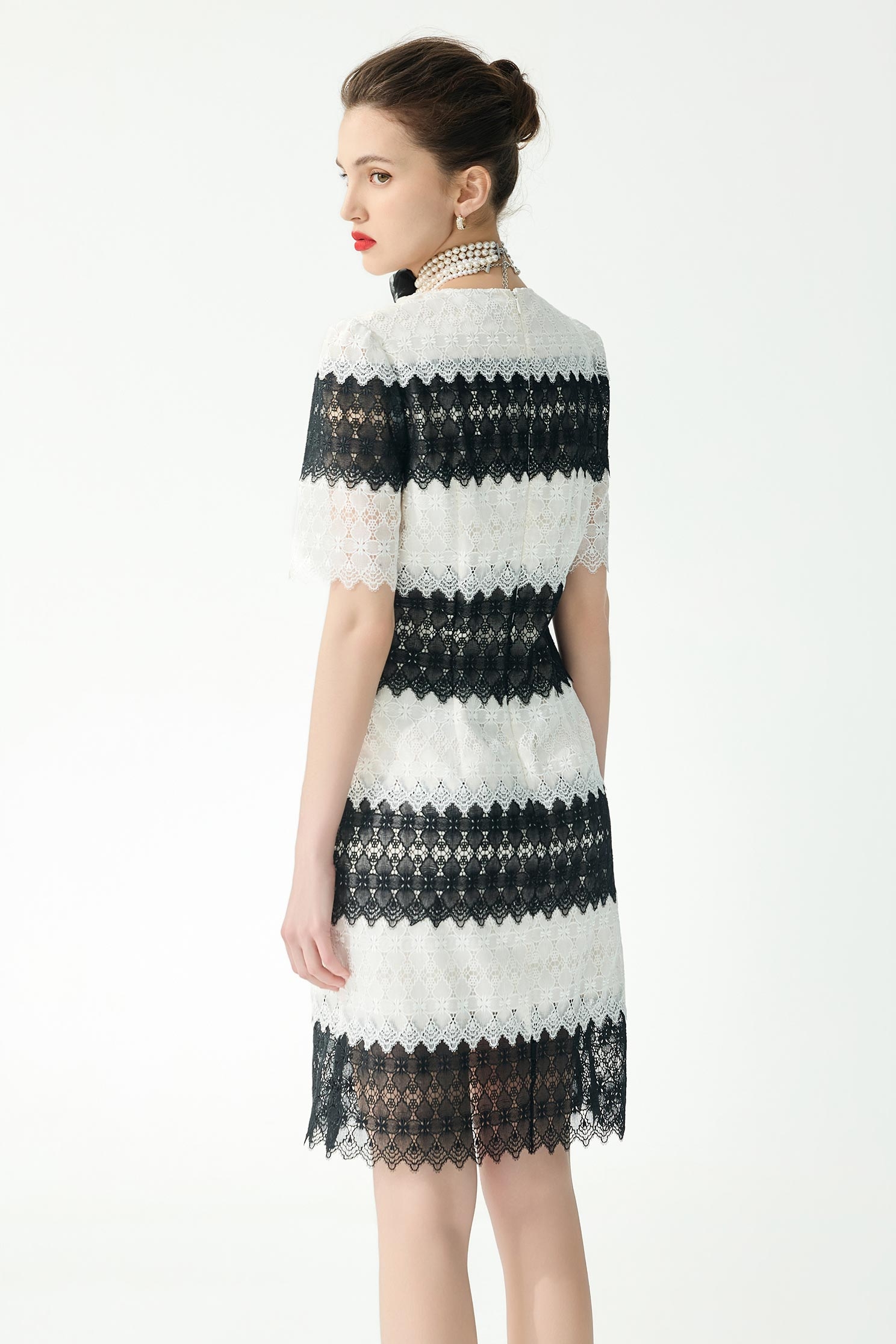 Black White Contrast Lace Midi DressBlack White Contrast Lace Midi Dress,Dresses,Season (SS) Look,White dresses,Lace