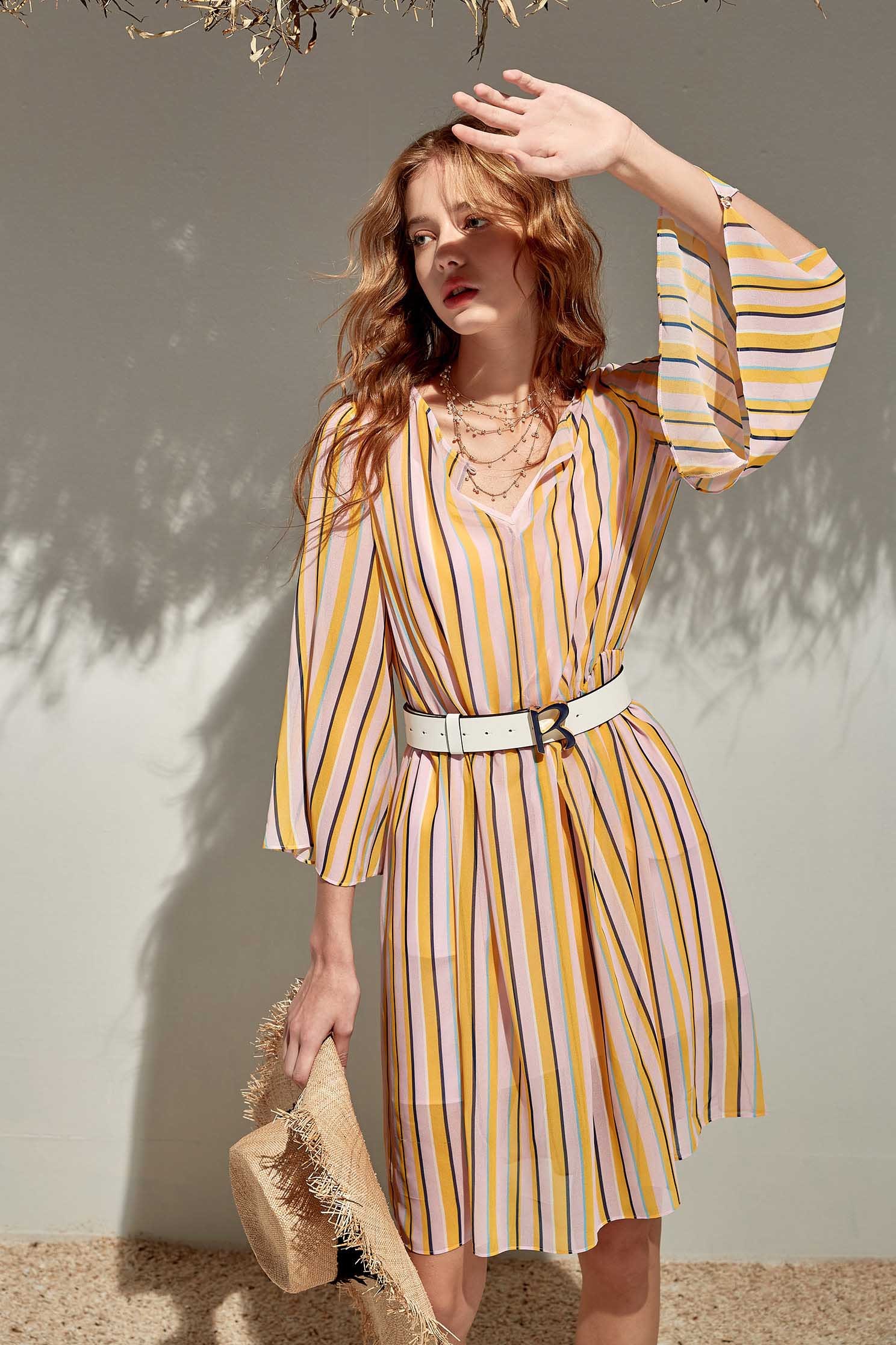 Summer Stripe Print Chiffon DressColorful straight striped round-neck mini dress,Dresses,Season (SS) Look,Stripe,Trends