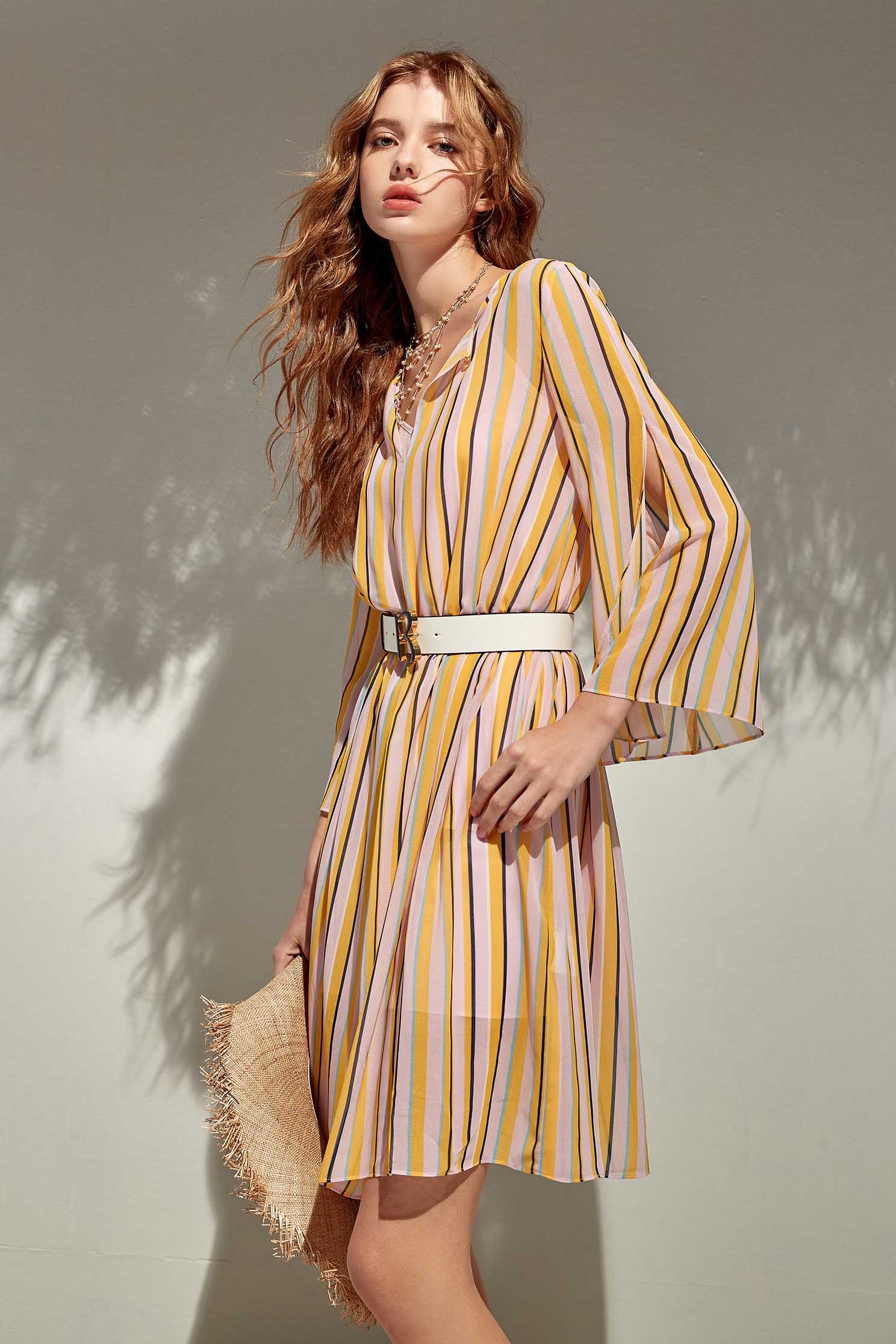 Summer Stripe Print Chiffon DressColorful straight striped round-neck mini dress,Dresses,Season (SS) Look,Stripe,Trends