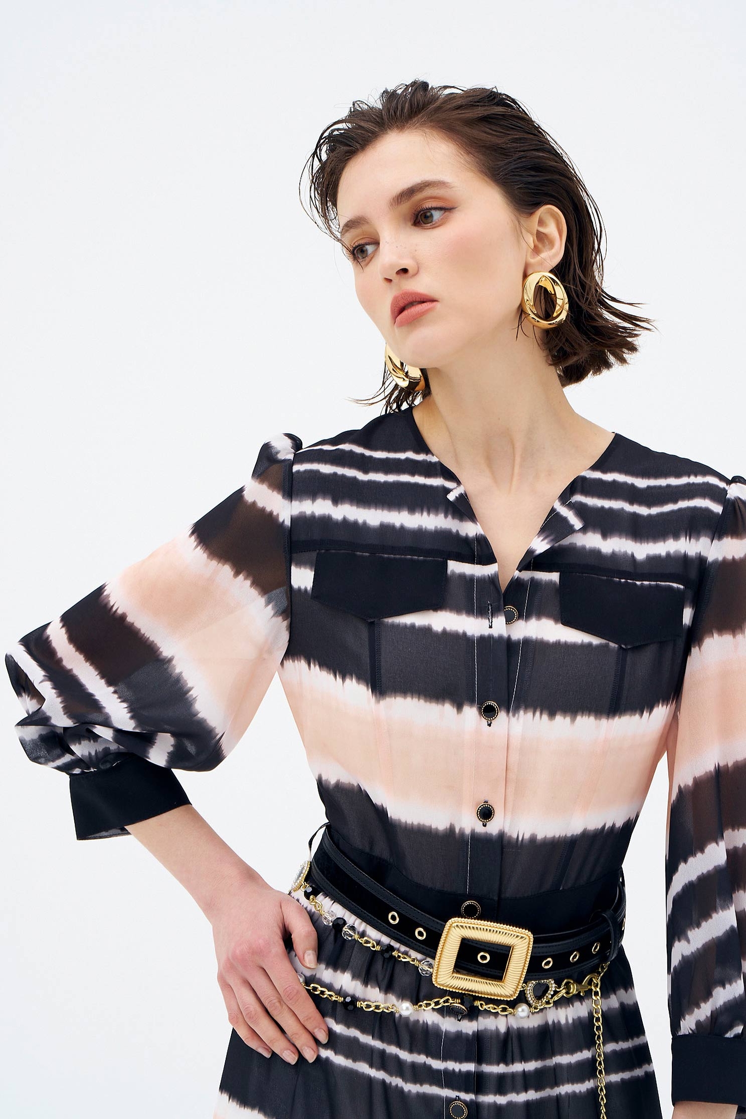 Button Front Gradient Stripe Maxi Dress雙色綁染感印花雪紡長洋裝,Shirt dresses,Season (AW) Look