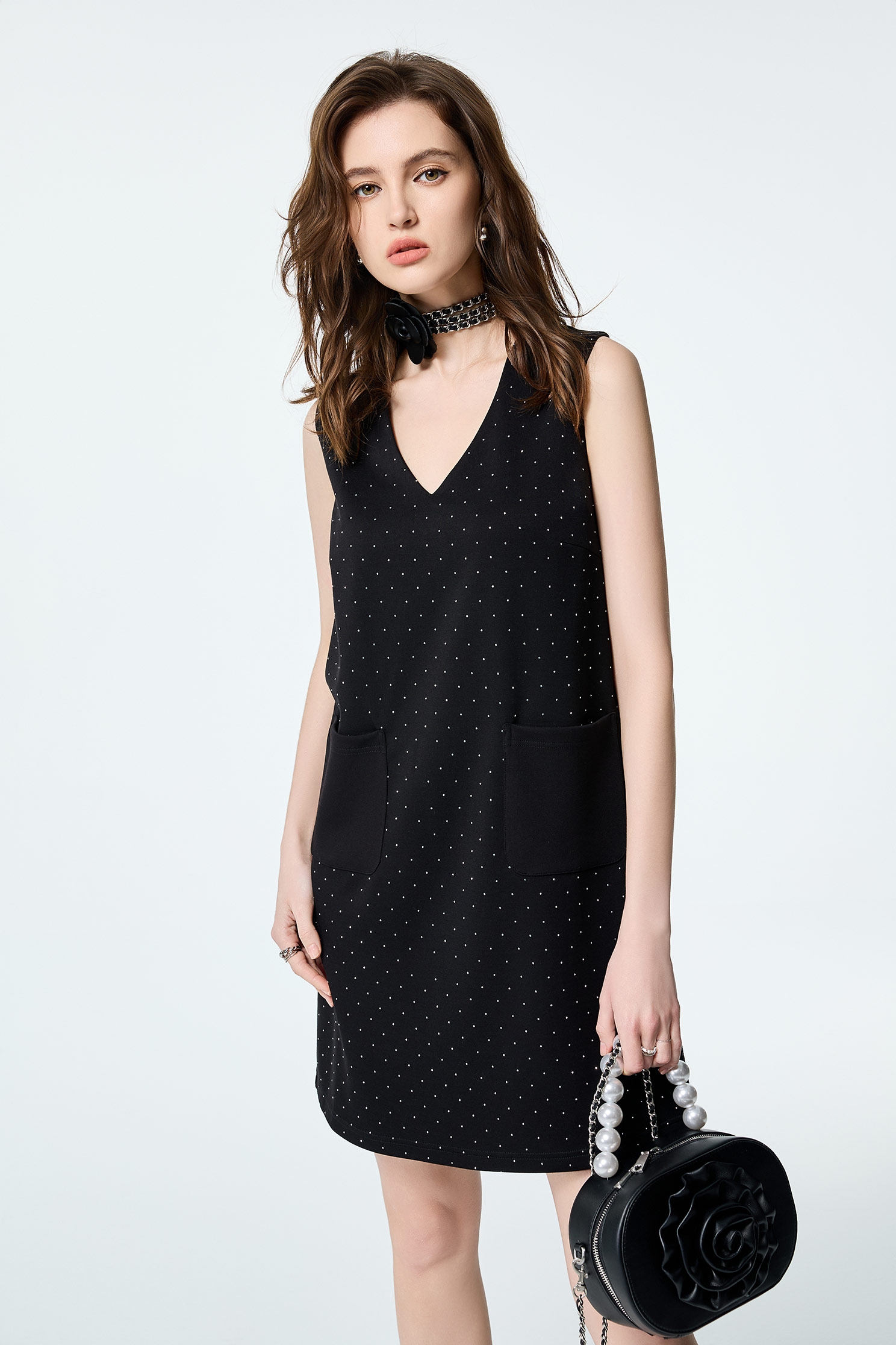 Iron On Sequin V-neck Short Dress,Dresses,Season (SS) Look,Back To Classic,Back To B/W,Black dresses