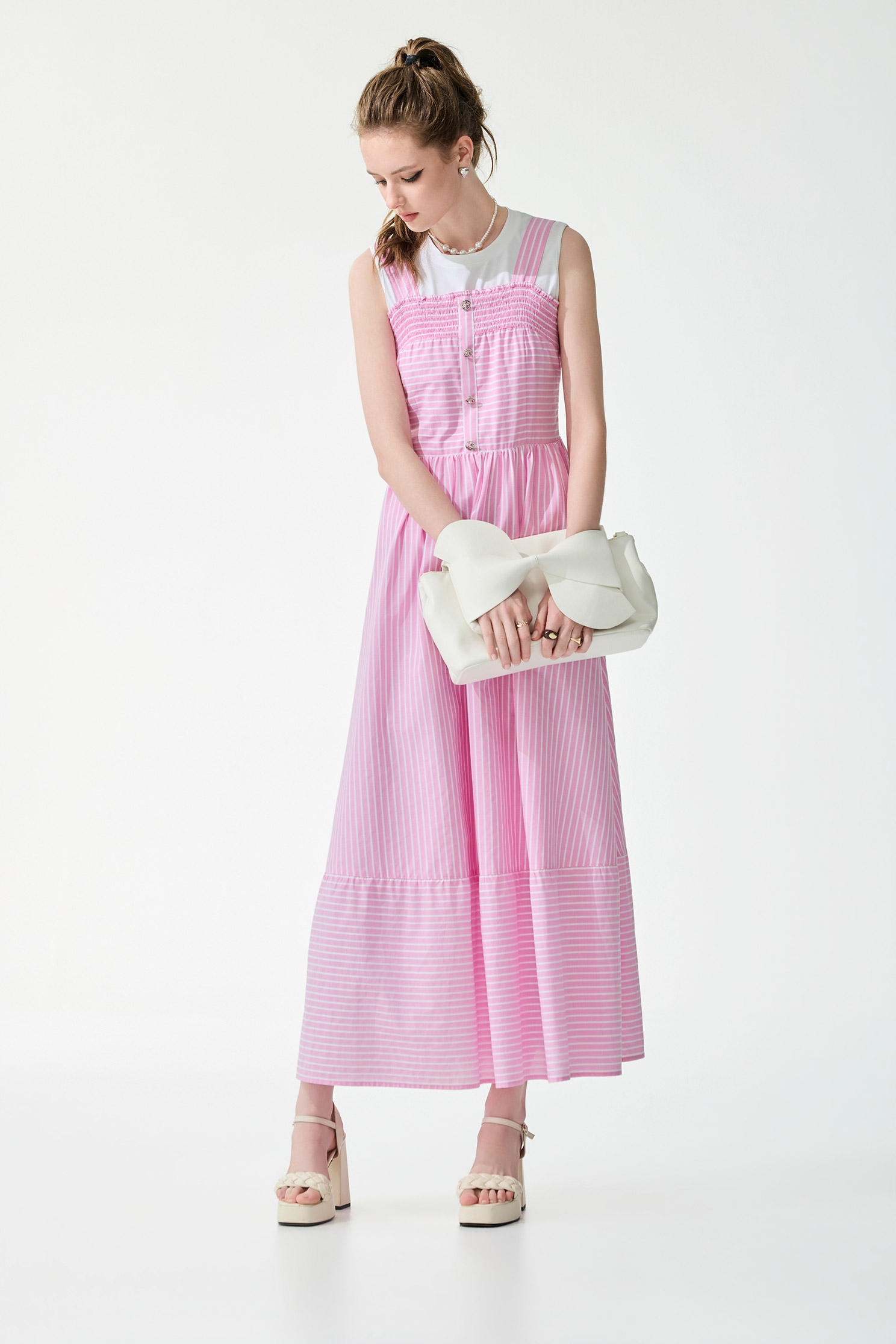 White Pinstripe Sleevless Pink Maxi Dress,Dresses,sleeveless tops,Season (SS) Look,Stripe,White tops,sleeveless tops